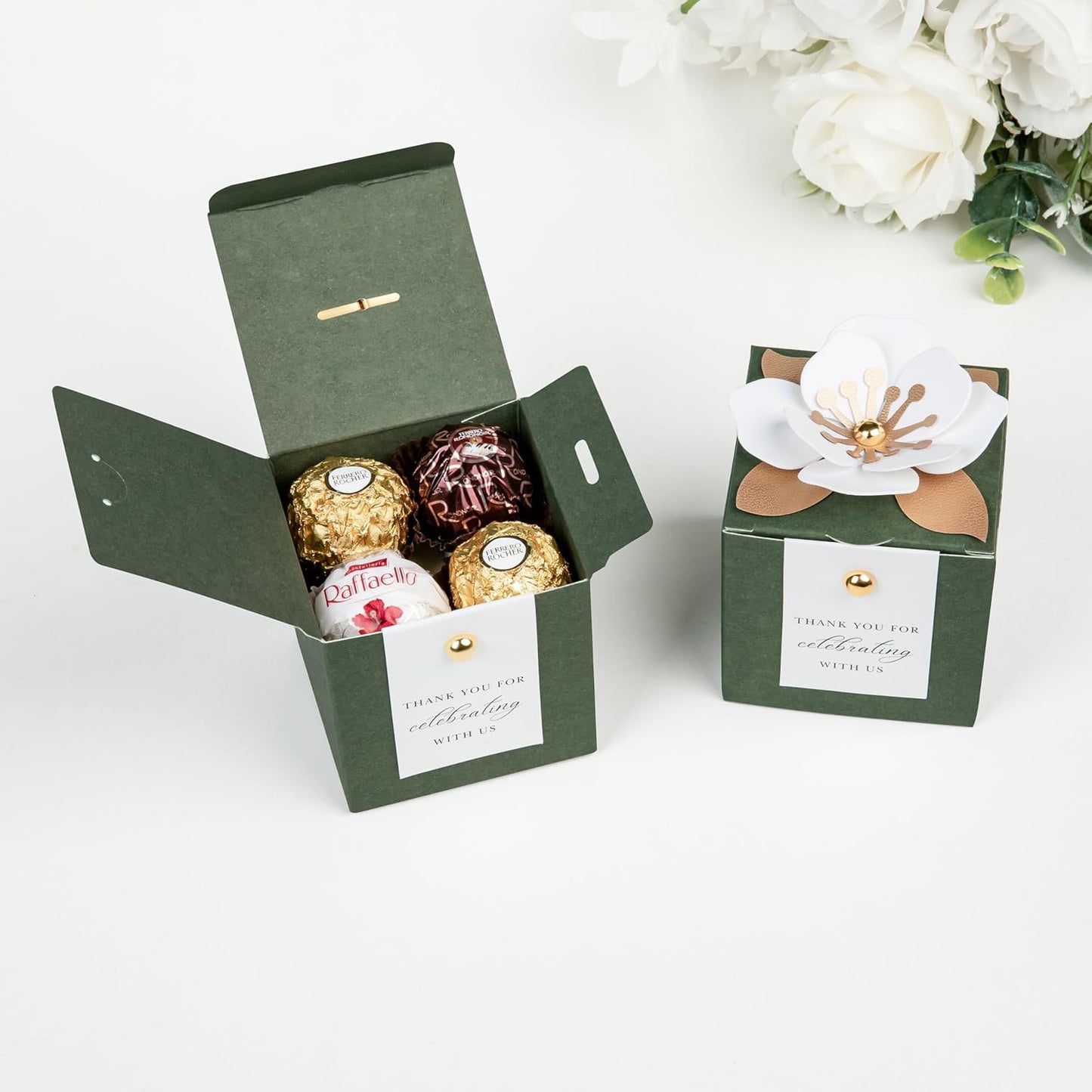 FEIYI 20 PCS Candy Boxes, 3 In 1 Olive Green Favor Boxes with Floral Decor, White Thank You Tags Gift wrapping for Wedding Birthday Baby Shower Decorations Party -2.55x2.55x2.55''
