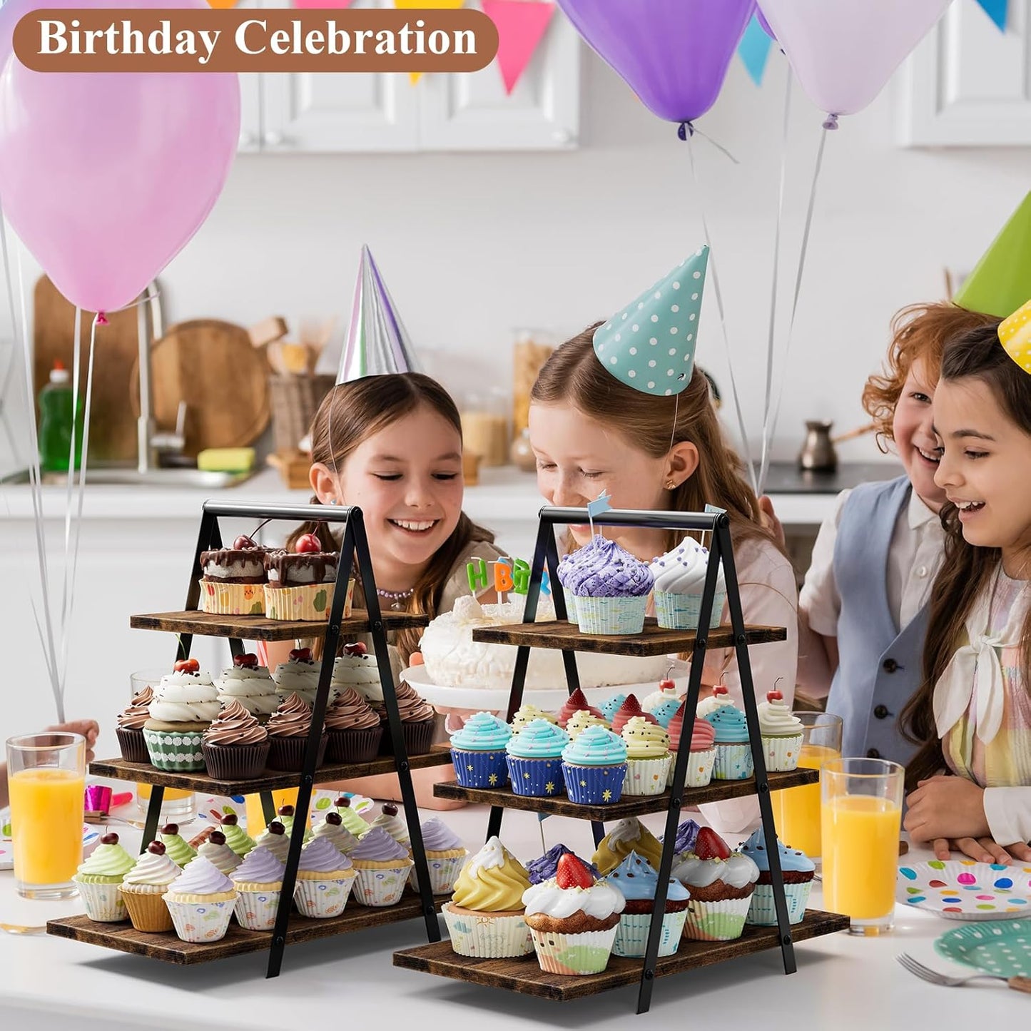 2 Pack Cupcake Stand 3 Tier Dessert Stand for 56 Cupcakes Dessert Table Display Set Wooden Cupcake Display Trays for Wedding,Birthday, Graduation, Party Decorations, Rustic Brown