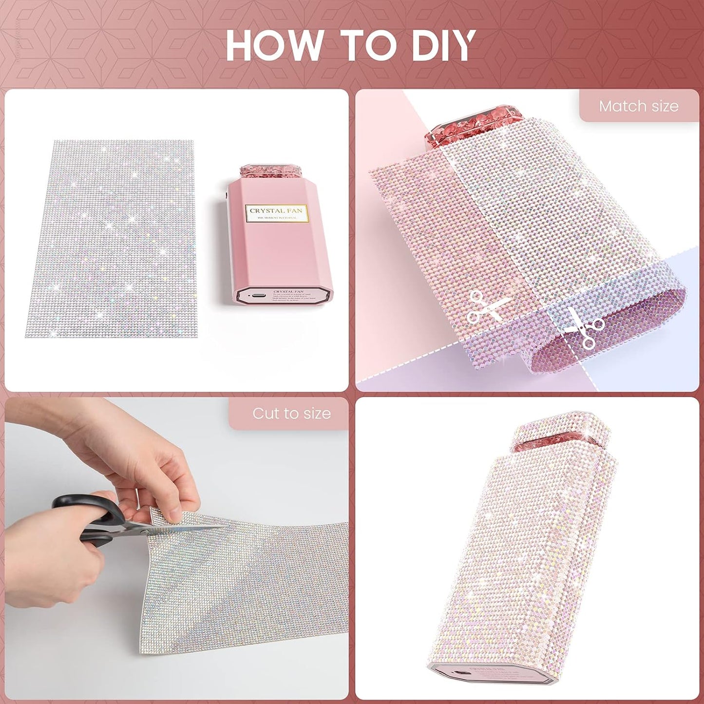 Bling Handheld Personal Fan, Rechargeable with 3 Speeds, Crystal Pull-out Portable Cooling Fan for Girls, Women - Pink Rhinestones