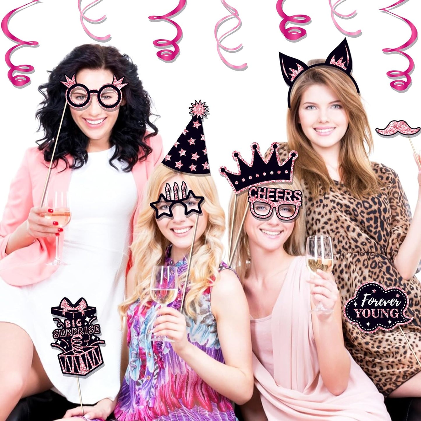 36 PCS Birthday Photo Booth Props Party Supplies Holiday Picture Decorations Photo Booth Props for Birthday Party Favors Pose Sign Kit Fun for Party (Black and Pink)