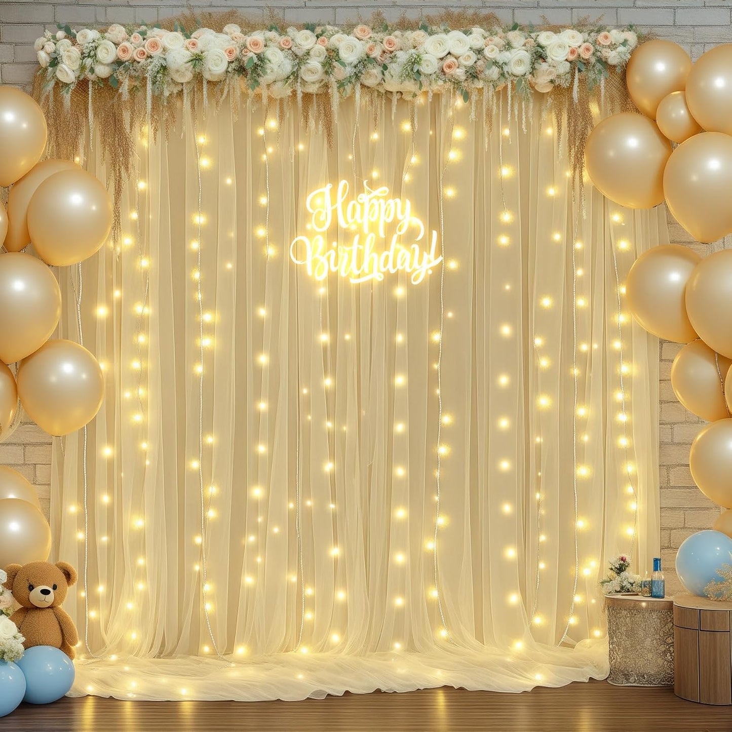10ft x 10ft Champagne Sheer Tulle Backdrop Curtains with Lights String Wedding Backdrop for Reception Ceremony Birthday Party Baby Shower Photo Booth Background Decoration