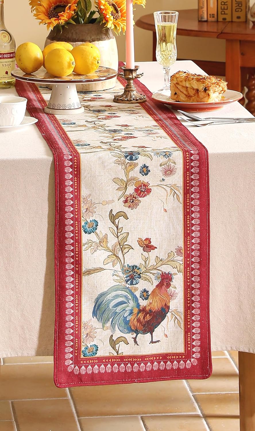 patdrea Designer Farmhouse Linen Extra Long Table Runner,Rustic Cottage Mauve with Rooster and Floral Pattern Fabric Table Mat,Decoration for Kitchen Dining Christmas New Year Banquet, 12"*118"