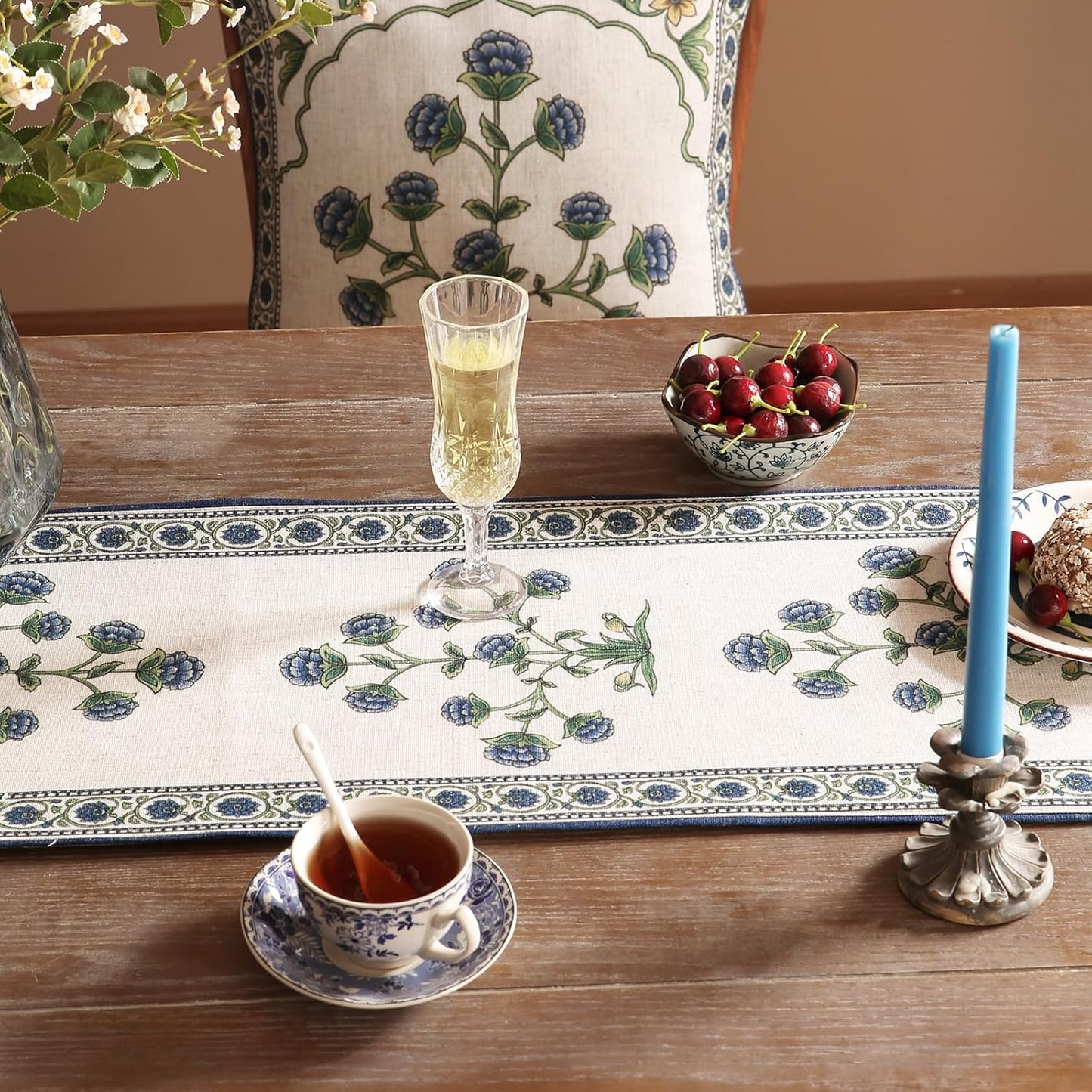 patdrea Designer Blue Rustic Elegant Floral Patterned Linen Table Runner 102 Inch Long,Wrinkle Resistant Table Mat,Decoration for Kitchen Dining and Coffee Tables Banquet Christmas ,12"x102"
