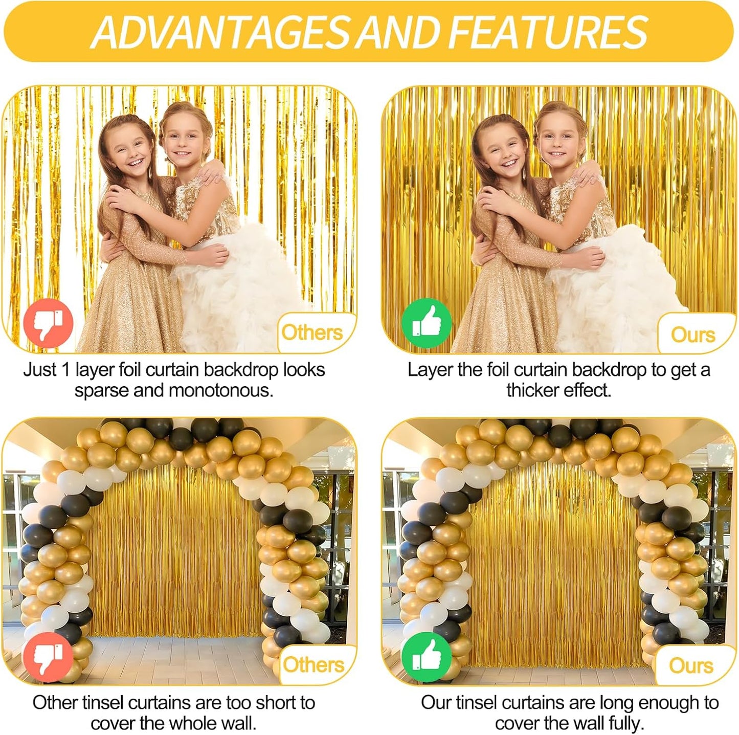 2 Pack Gold Foil Fringe Curtains Streamers Party Decorations 3.3 x 8.2 ft, Gold Tinsel Curtain Fringe Backdrop for Parties, Door Fringe Birthday Streamers, Photo Booth Backdrops, Party Decor