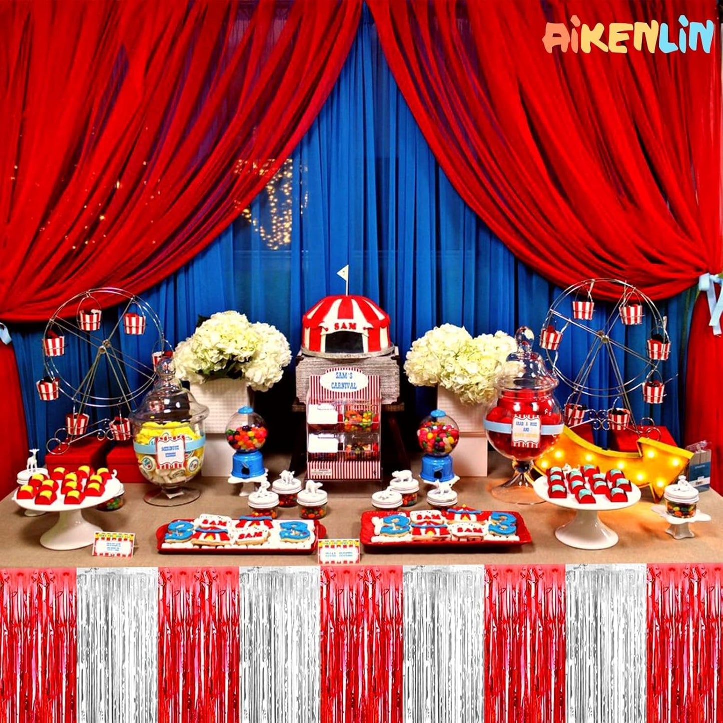 6 Pack 29x108 Inch Red Silver Metallic Foil Fringe Tinsel Table Skirts for Rectangle Tables Streamer for Wedding, Parade Floats, Circus Welcome Carnival Birthday Valentine's Day Party Decoration