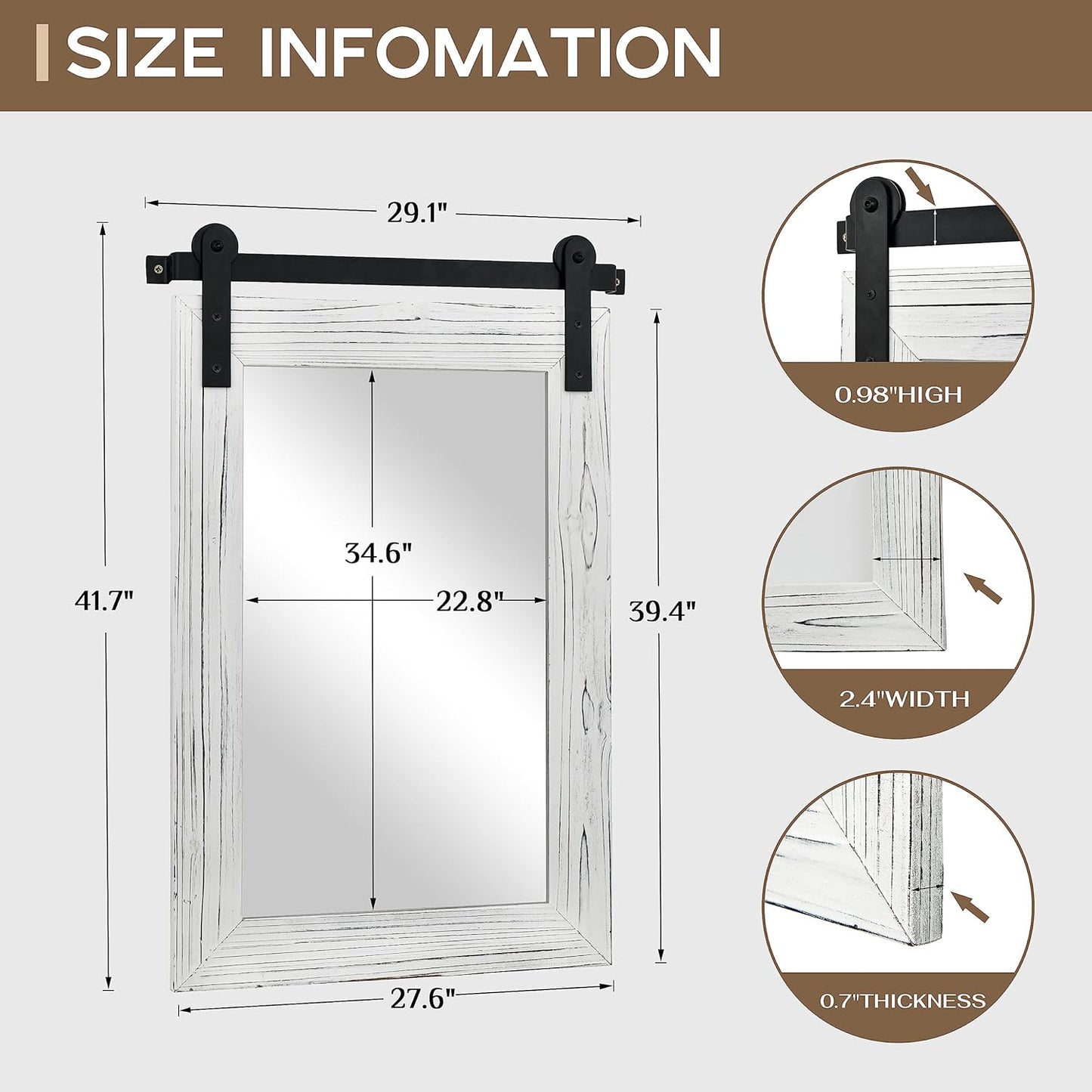 COGOOD Farmhouse Bathroom Mirror - 42 x 29 Rustic Barn Door Style Mirror for Living Room, Entryway, Vanity Wall Decor (White)