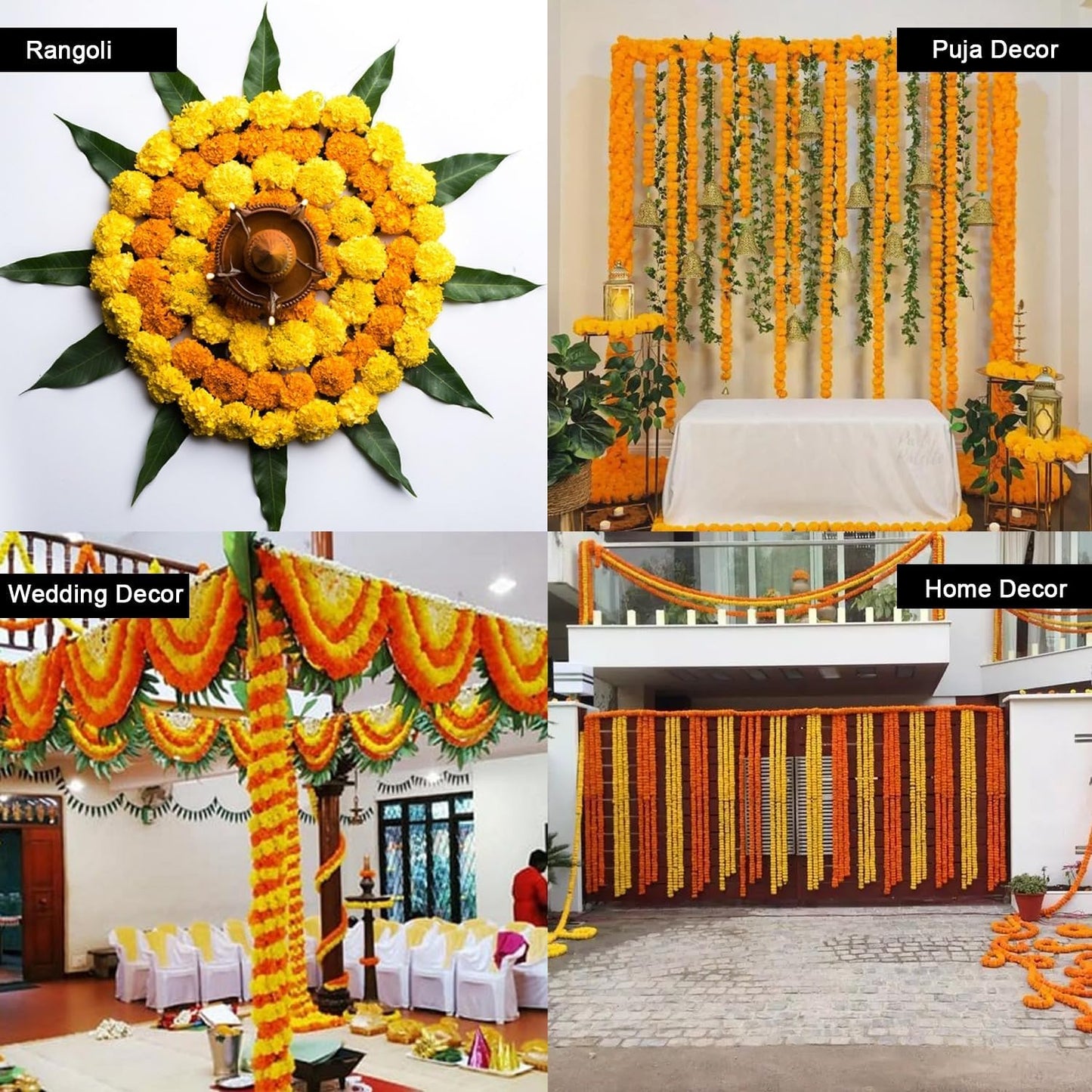 Artificial Marigold Flower Garland for Diwali Decoration, Weddings, Parties Events, Pooja Festival - Traditional Indian Decoration (Orange 5 PC | 4 to 4.5 ft) Hashcart®