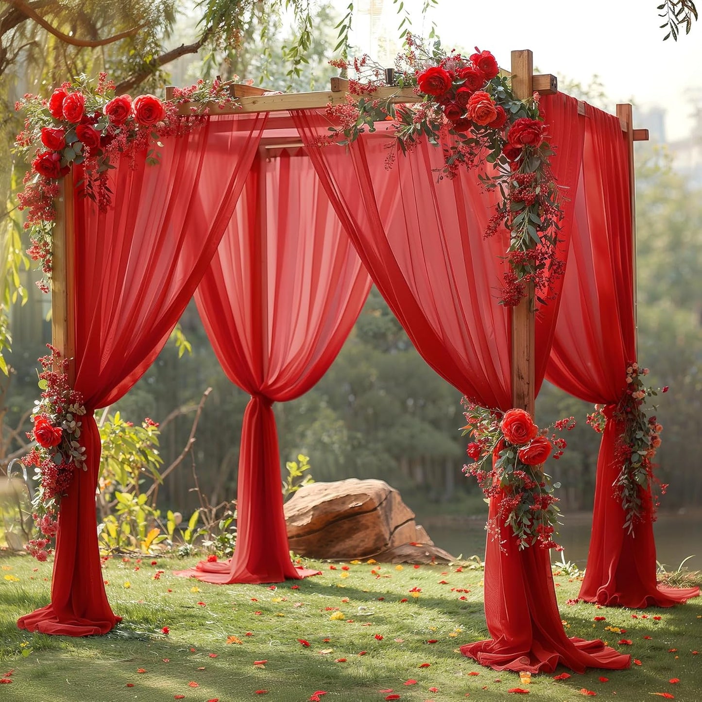 10ft x 10ft Red Backdrop Curtain Drapes, Wrinkle-Free Sheer Chiffon Fabric Photo Backdrop Panels for Wedding Arch Party Ceremony Stage Decoration