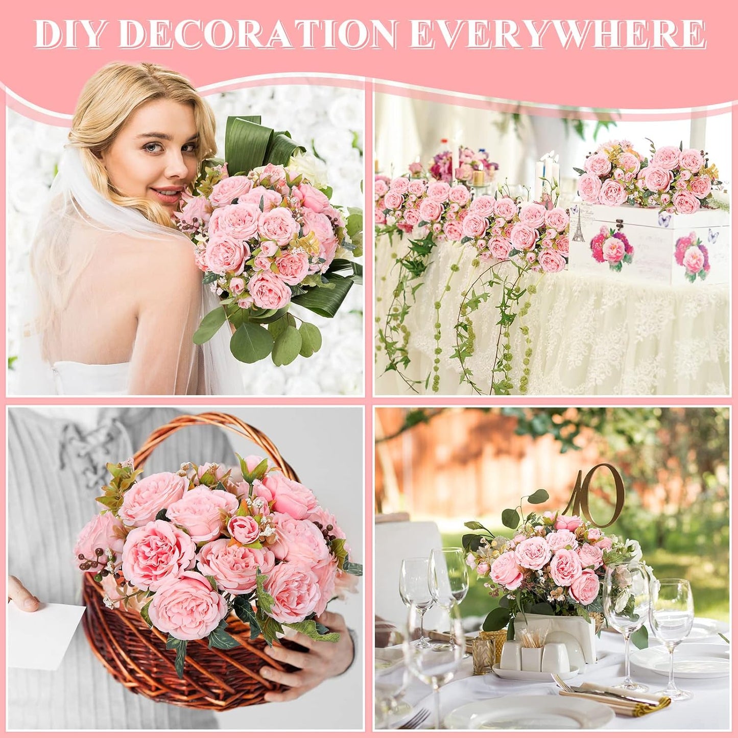 8 Bundles Artificial Peonies Flowers Boho Faux Flowers Arrangements Artificial Centerpiece Spring Bouquet Floral Wedding Decoration for Vase(Pink)