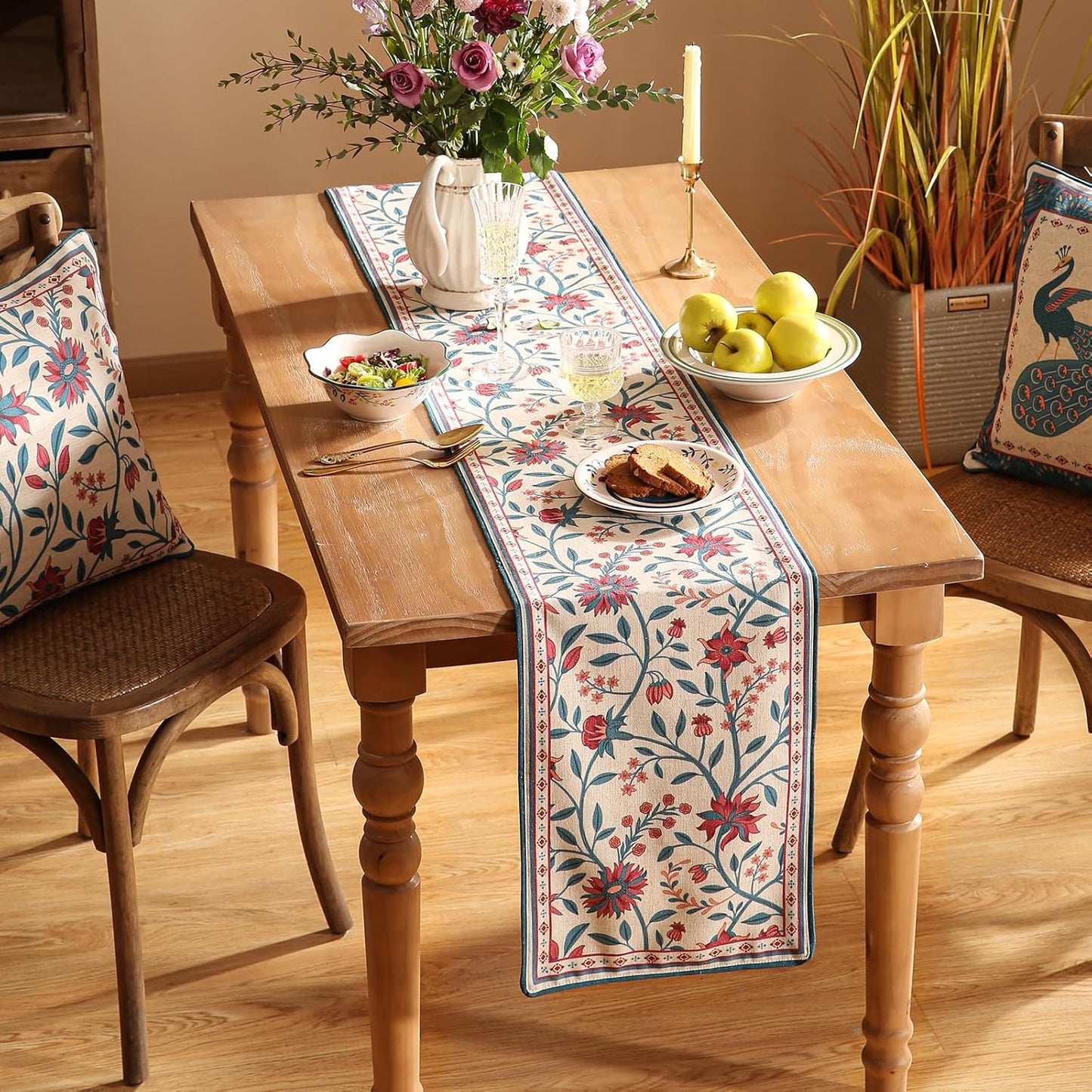 Farmhouse Berry Red Floral Small Table Runner for Table,Decorative Linen 63 Inches Long French Table Runners,Decor Tabletop for Kitchen,Dining,Party,Home,Christmas,12"*63"