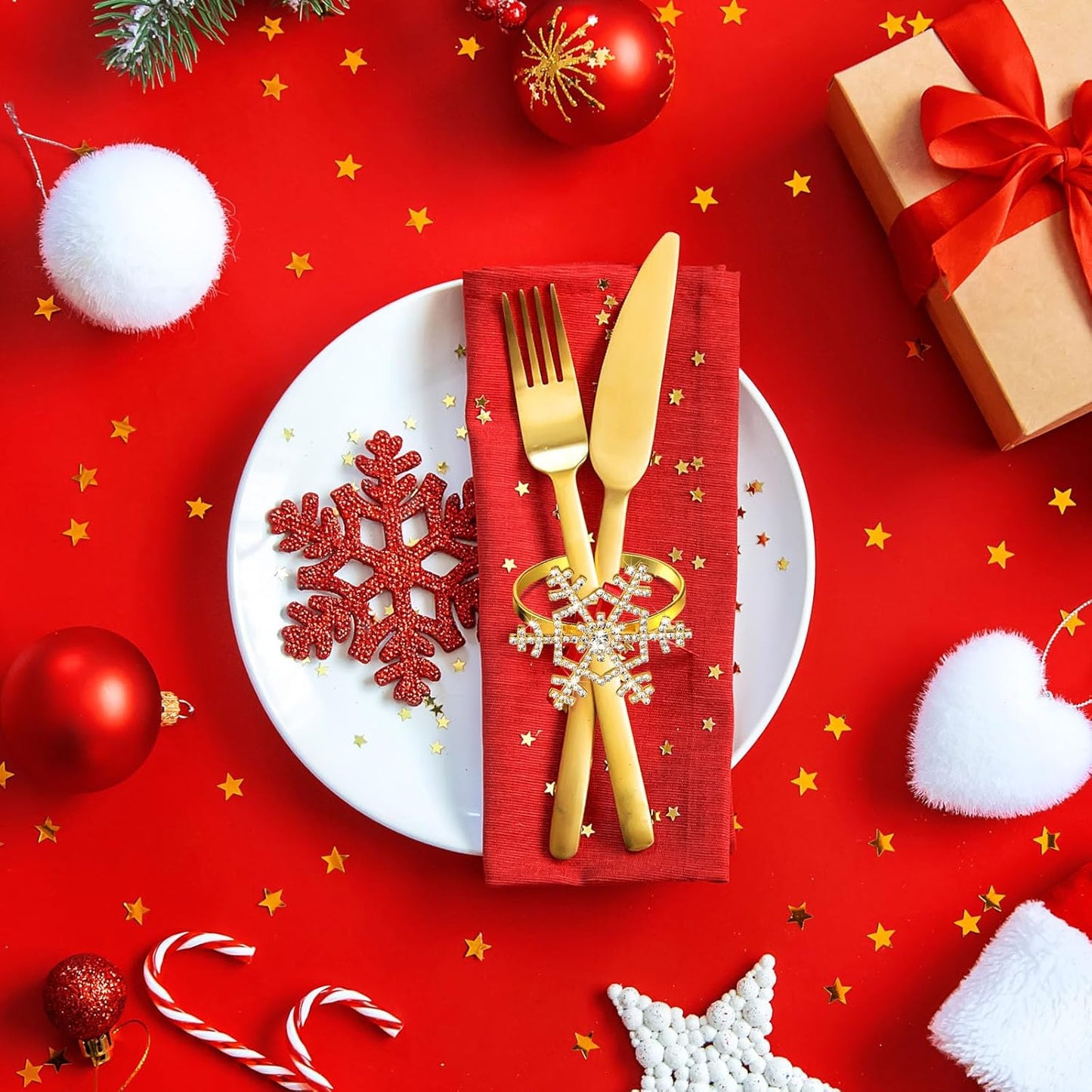 Patelai 48 Pieces Snowflake Napkin Rings Thanksgiving Christmas Napkin Holders Exquisite Household Rhinestone Napkin Rings Set for Christmas Wedding Dinner Party Table Decoration (Gold)