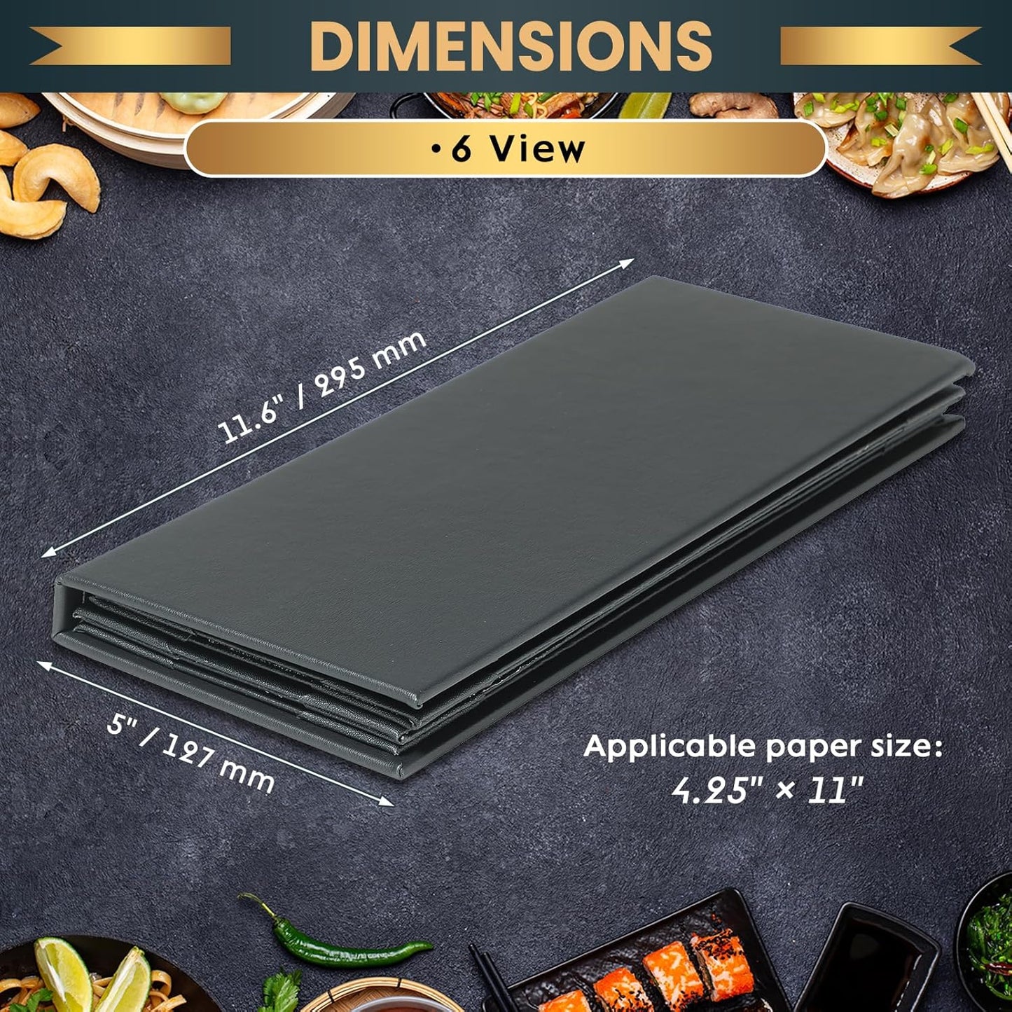 2 Pack 6 View Menu Holder Menu Covers 4.25" x 11" | Black Leather Menu Sleeves Book Style for Restaurant Coffee Bars Wine List