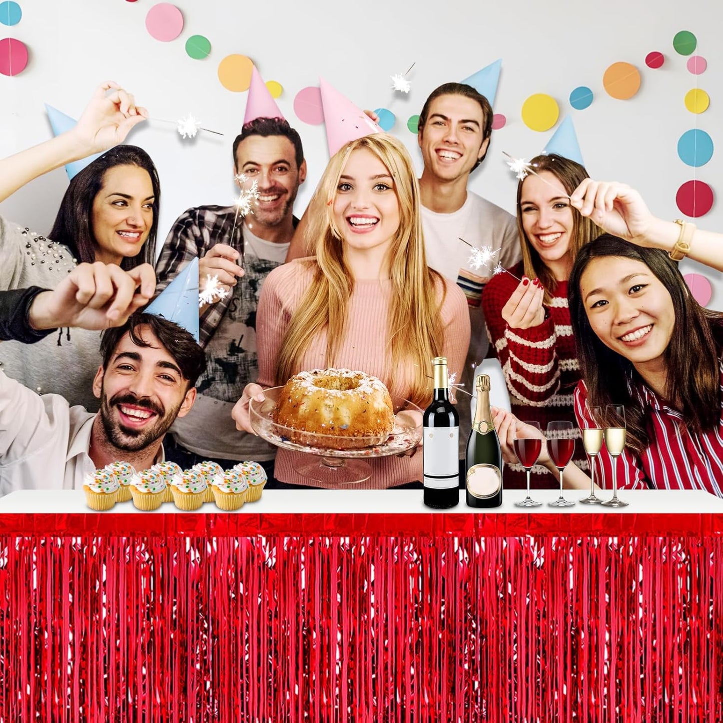 3 Pack 29x108 Inch Red Foil Fringe Table Skirts Metallic Banner for Tinsel Streamer Garland Backdrop for Parade Floats Wedding Thanksgiving Birthday Christmas Halloween Party Decoration