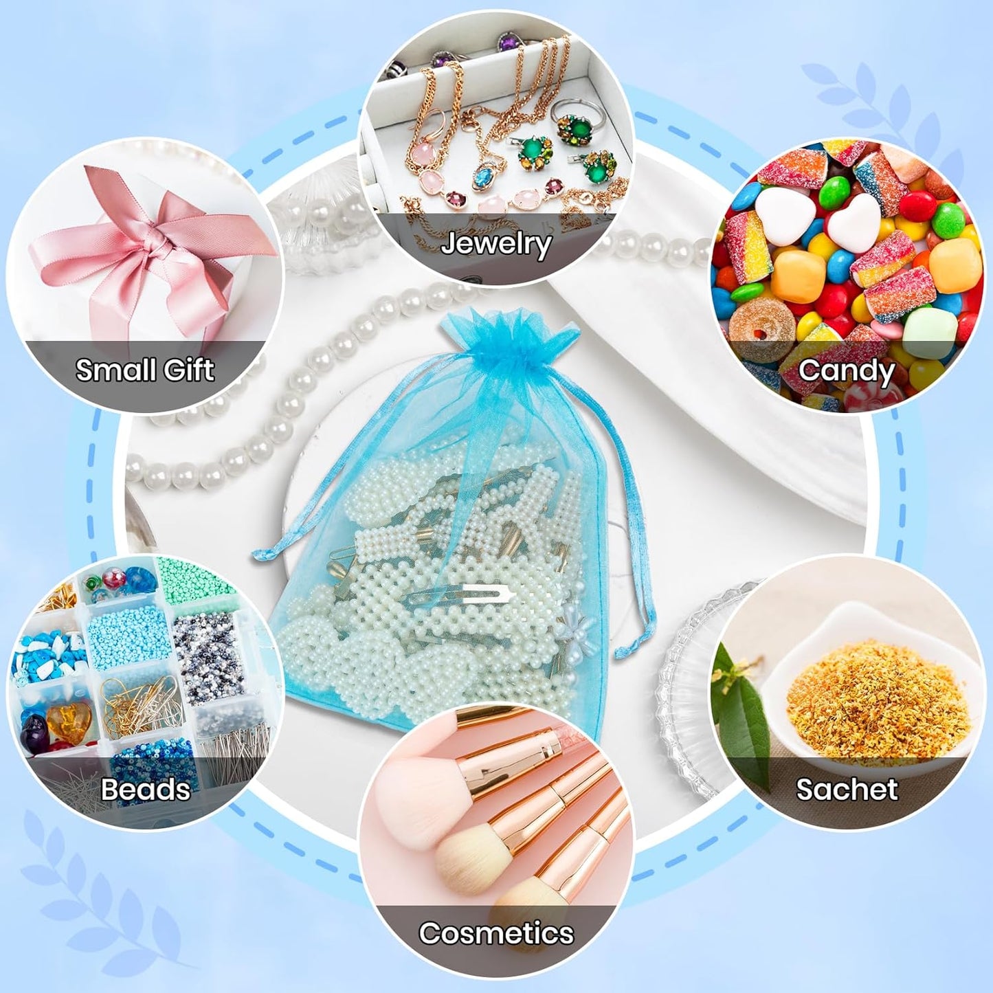 ANZNKU 50 Pack Organza Bags 4x6 Inch, Small Mesh Bag Drawstring Organza Gift Bags for Baby Shower, Party Favors(Lake Blue)