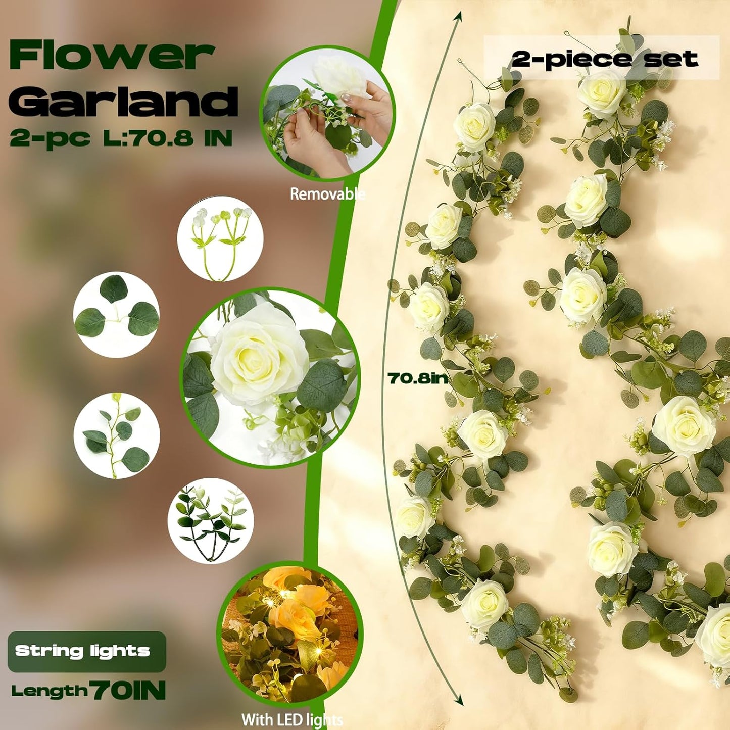 2 Pack 5.9 FT Artificial Flower Garland with Lights, Fake Floral Garland with 12 White Roses, White Flower Decorations for Arch Table Centerpieces Backdrop Party Home Wedding Decorations