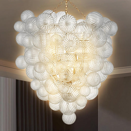 Mid Century Bubble Ball Swirled Glass Chandelier, 36 in. 2-Layer Cages Gild Gold and Clear Blown Glass Large Cluster Bbble Pendant Light Fixture for Bedroom Restaurant Dining Room