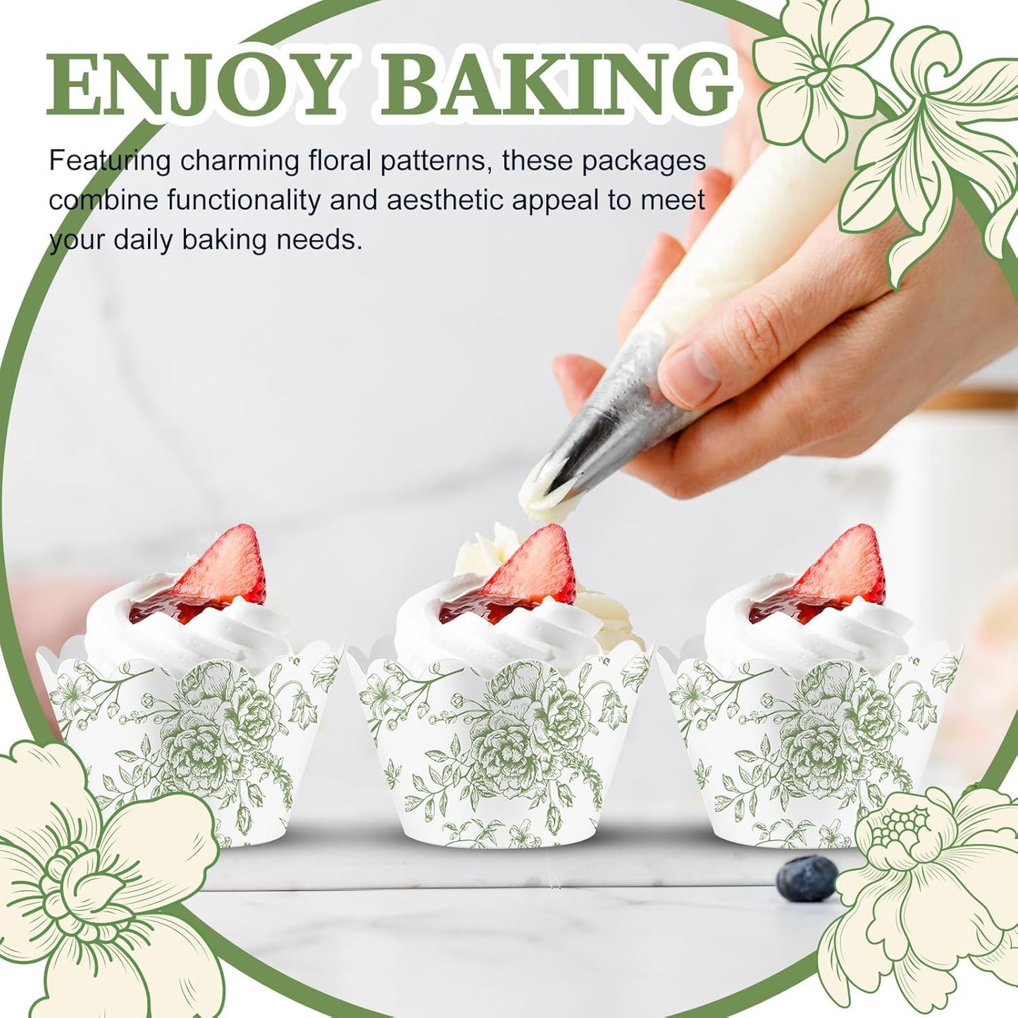 Domensi 100 Pcs Cupcake Wrappers Rustic Cupcake Liners Baking Cups Baking Liners for Wedding Bridal Baby Shower Birthday Party Supplies Dessert Decoration(Green, Floral)