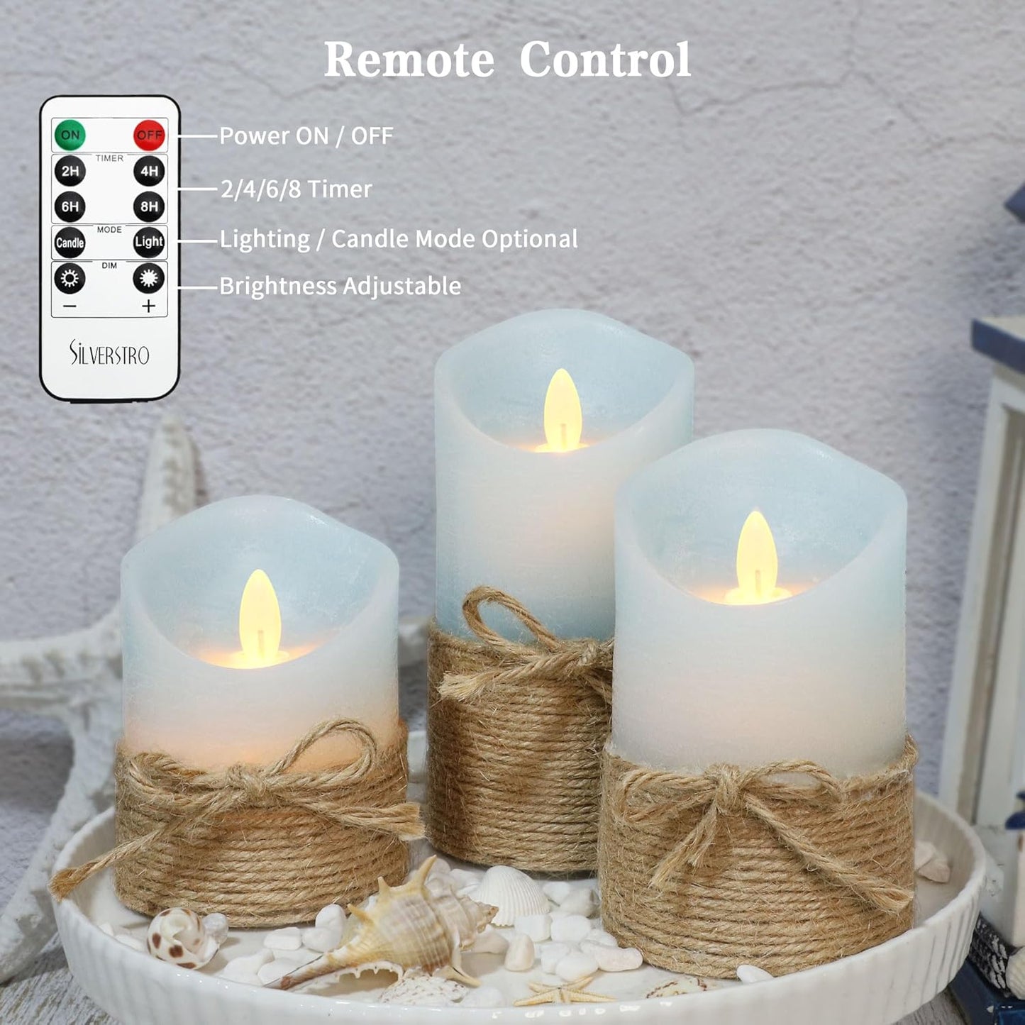 Silverstro Nautical Decor Ocean Blue Flameless Candles - Home Christmas Farmhouse Summer Decorations - Set of 3 (D3.11 X H4 5" 6")