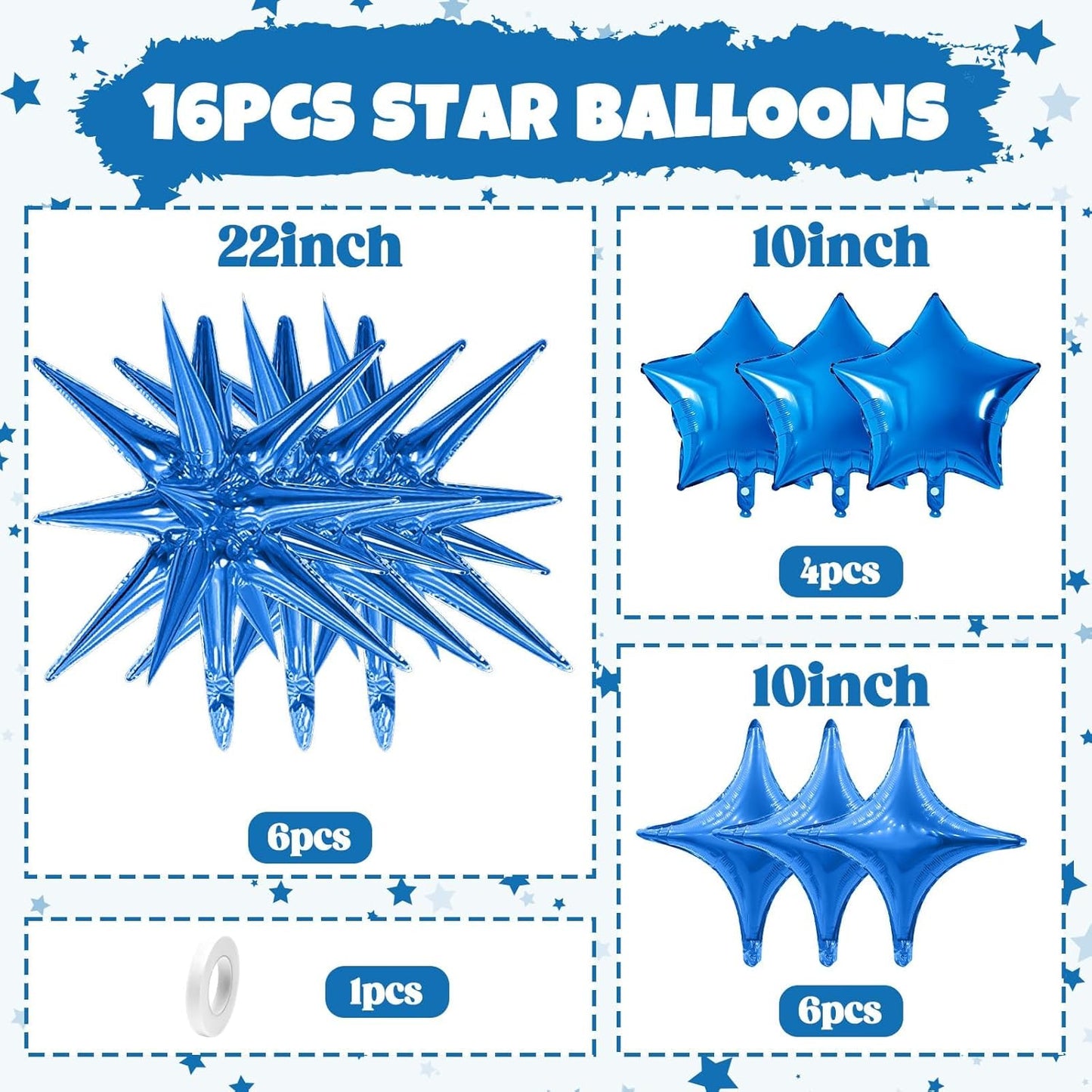 Blue Star Balloon,16Pcs Star Foil Balloons Set with 22Inch Explosion Spike Cone Balloons and 10Inch Quadrangle Helium Balloon for Birthday Wedding Baby Shower Party Decorations
