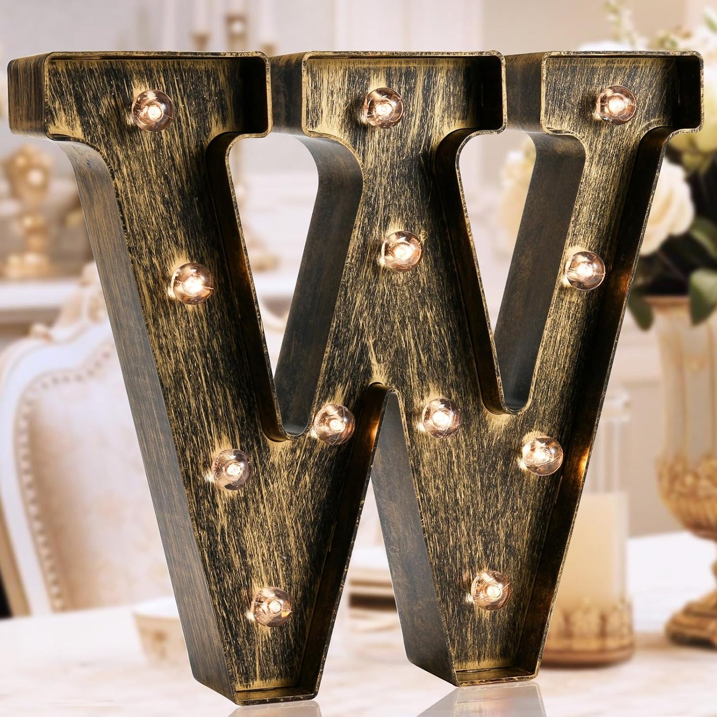 OYCBUZO Golden Black Led Marquee Letter - Industrial, Vintage Style Light Up Alphabet Letter Sign for Cafe Wedding Birthday Party Christmas Lamp Home Bar Initials Decor - W