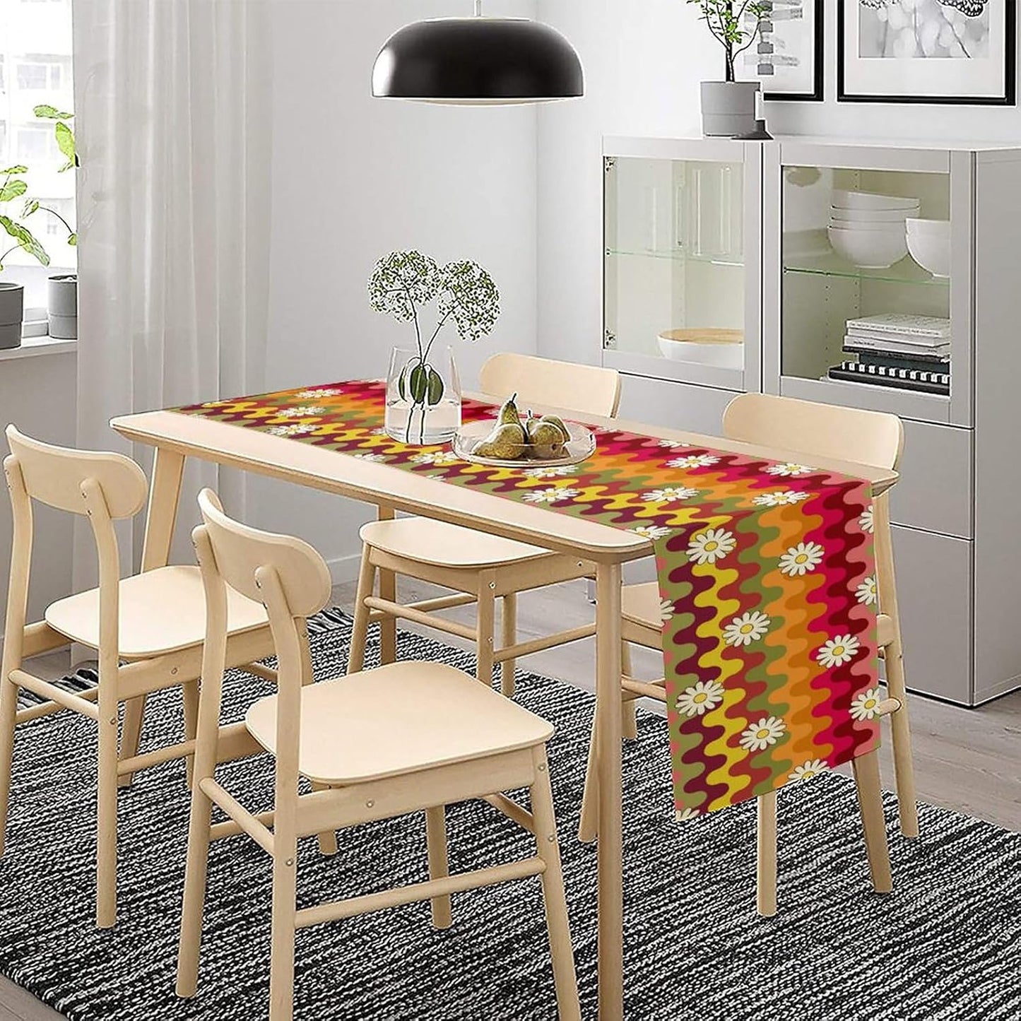 Vintage Floral Table Runner,60s 70s Colorful Retro Abstract Hippie Print Table Runner for Kitchen Dining Table Home Party Decoration 13x72 Inch