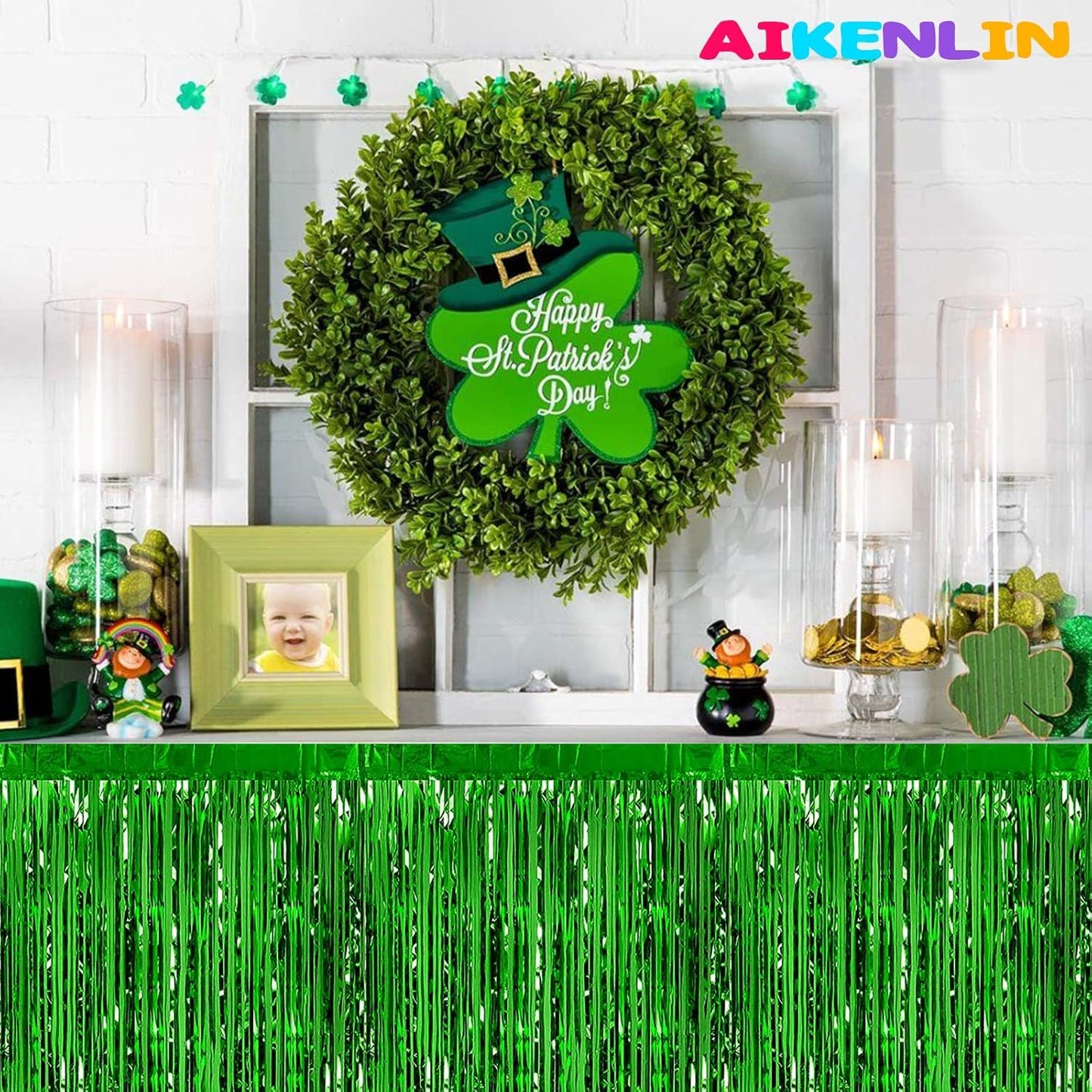 6 Pack 29x108 Inch Metallic Foil Fringe Tinsel Table Skirts Banner for Rectangle Tables Streamer Backdrop for Wedding, Birthday, Parade Floats, St Patrick Day Party Decoration(New Green)
