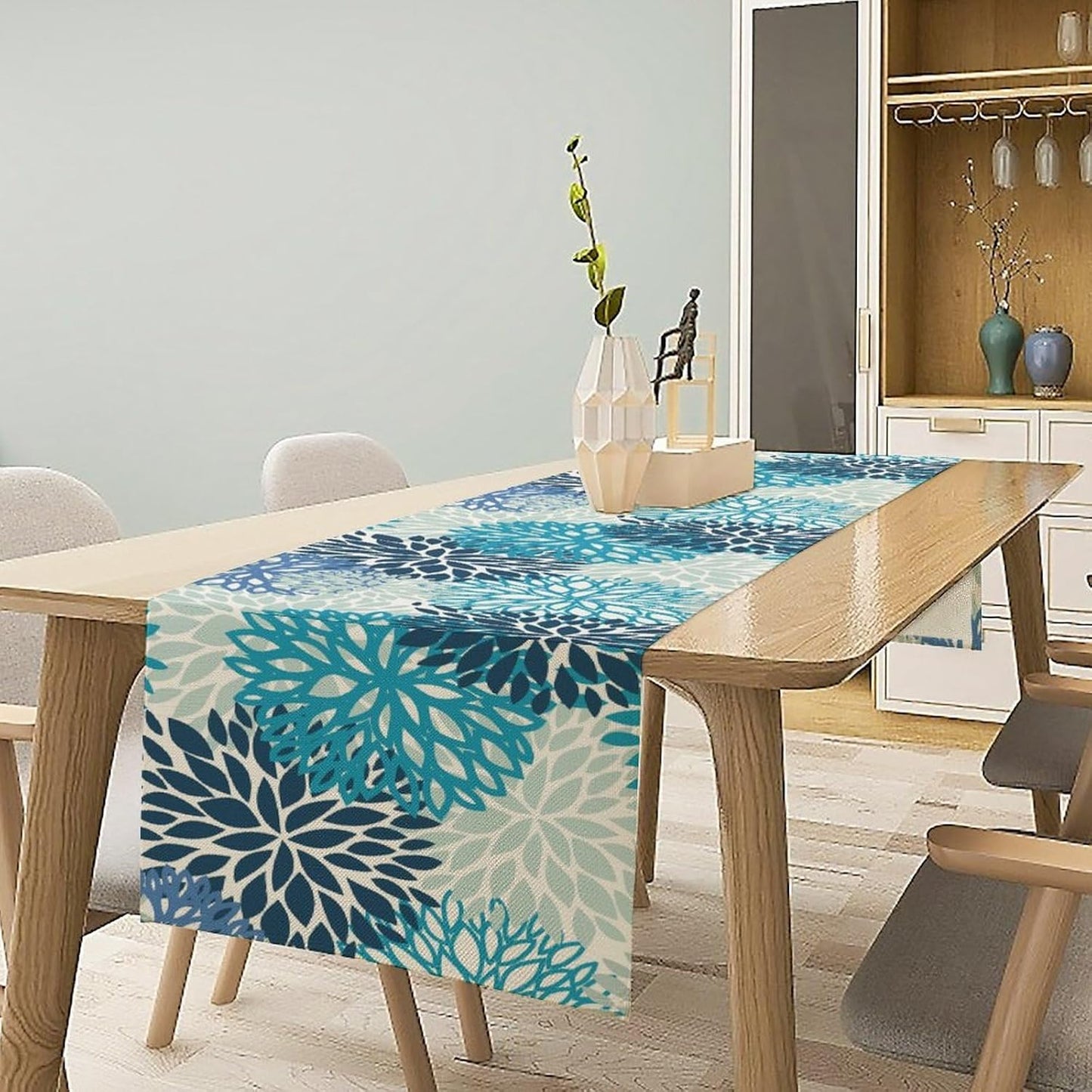 Floral Table Runner,Blue Flowers Print Spring Summer Table Cloth Kitchen Dining Table Home Party Decoration 13x108 Inch