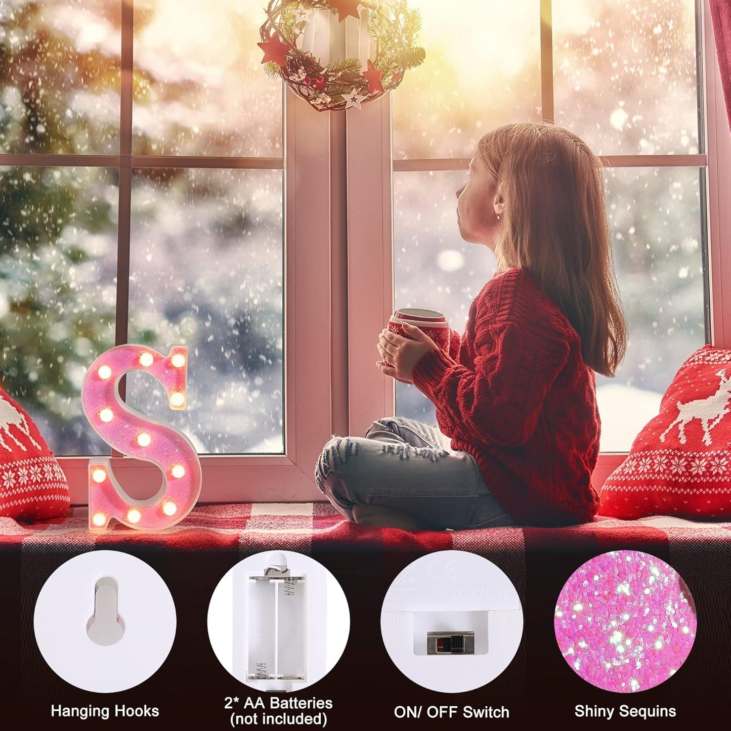 Foaky Pink Light up Letters，Pink Party Decorations,Girls Room Decor,Glitter Light Up Letters,Alphabet Letter Sign for Night Light Birthday Party Girls Gifts, Home Bar Decoration（H）