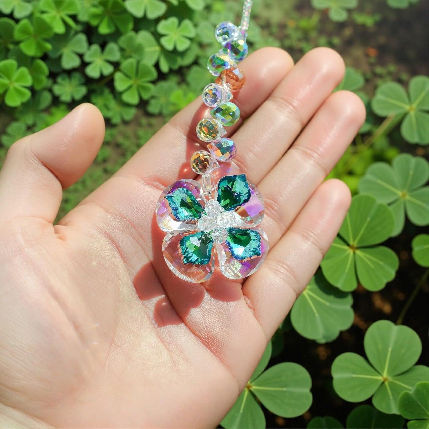 HDCRYSTALGIFTS 4pcs Four Leaf Clover Sun Catchers with Crystals Rainbow Prisms Window Suncatcher Hanging Indoor Decorations, St Patricks Day Accessories Spiritual Gifts for Women, Mom, Family, Friends