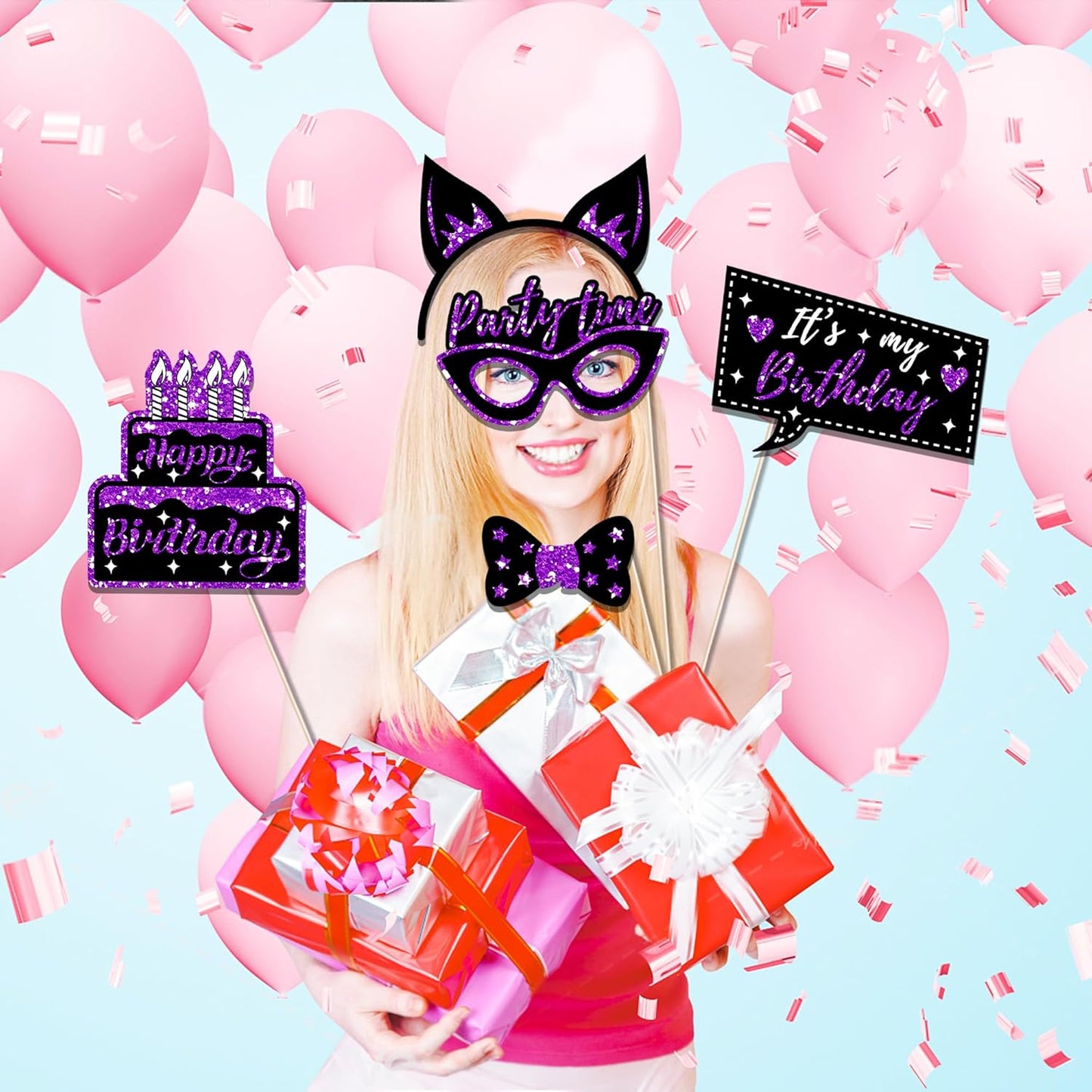 36 PCS Birthday Photo Booth Props Party Supplies Holiday Picture Decorations Photo Booth Props for Birthday Party Favors Pose Sign Kit Fun for Party (Purple and Black)