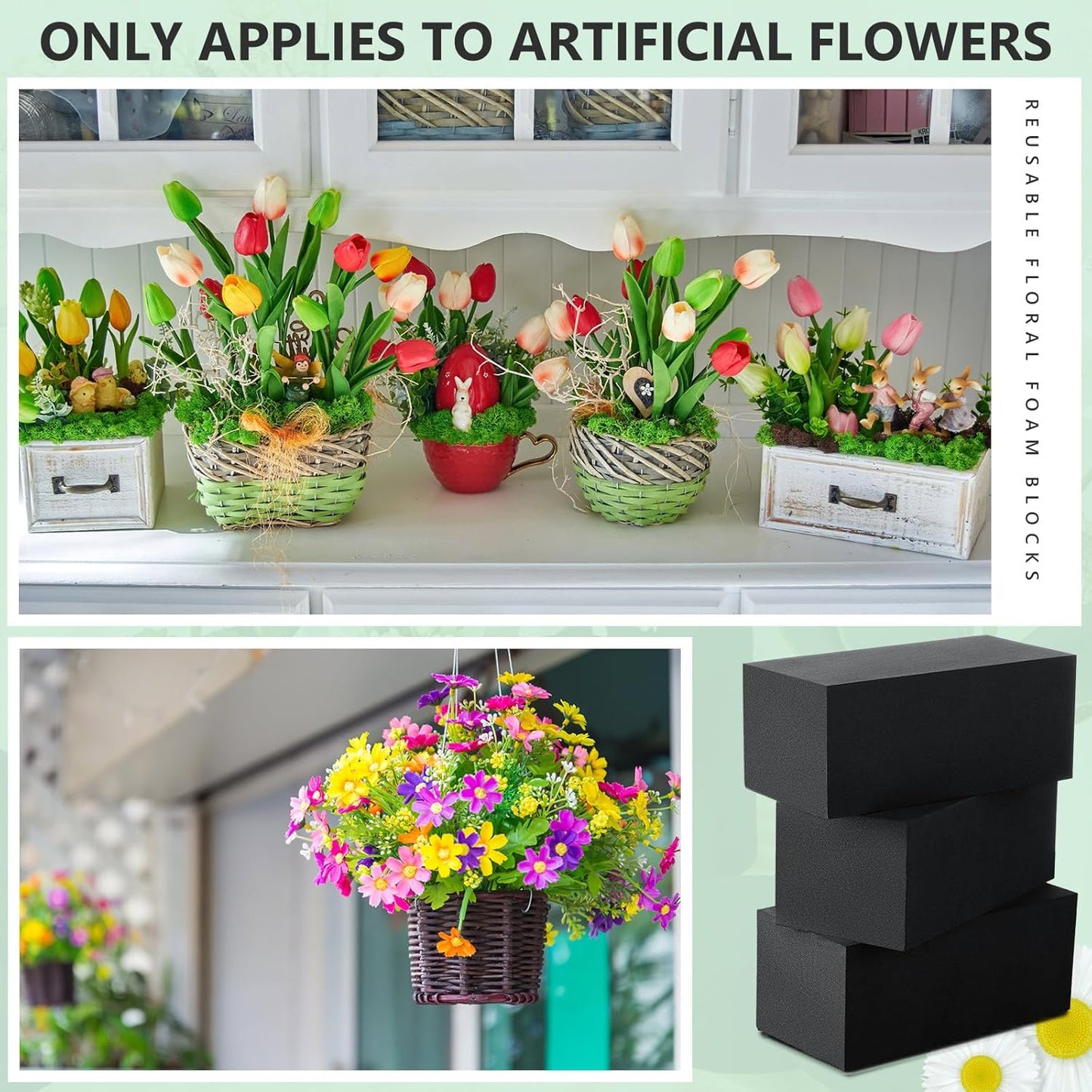 Lallisa 4 Pcs Reusable Floral Foam Blocks Water Weather Resistant Dry Floral Foam for Artificial Flower Arrangements Outdoor Flower Boxes Outside Hanging Planters Wedding Home Decor (9 x 3 x 3")