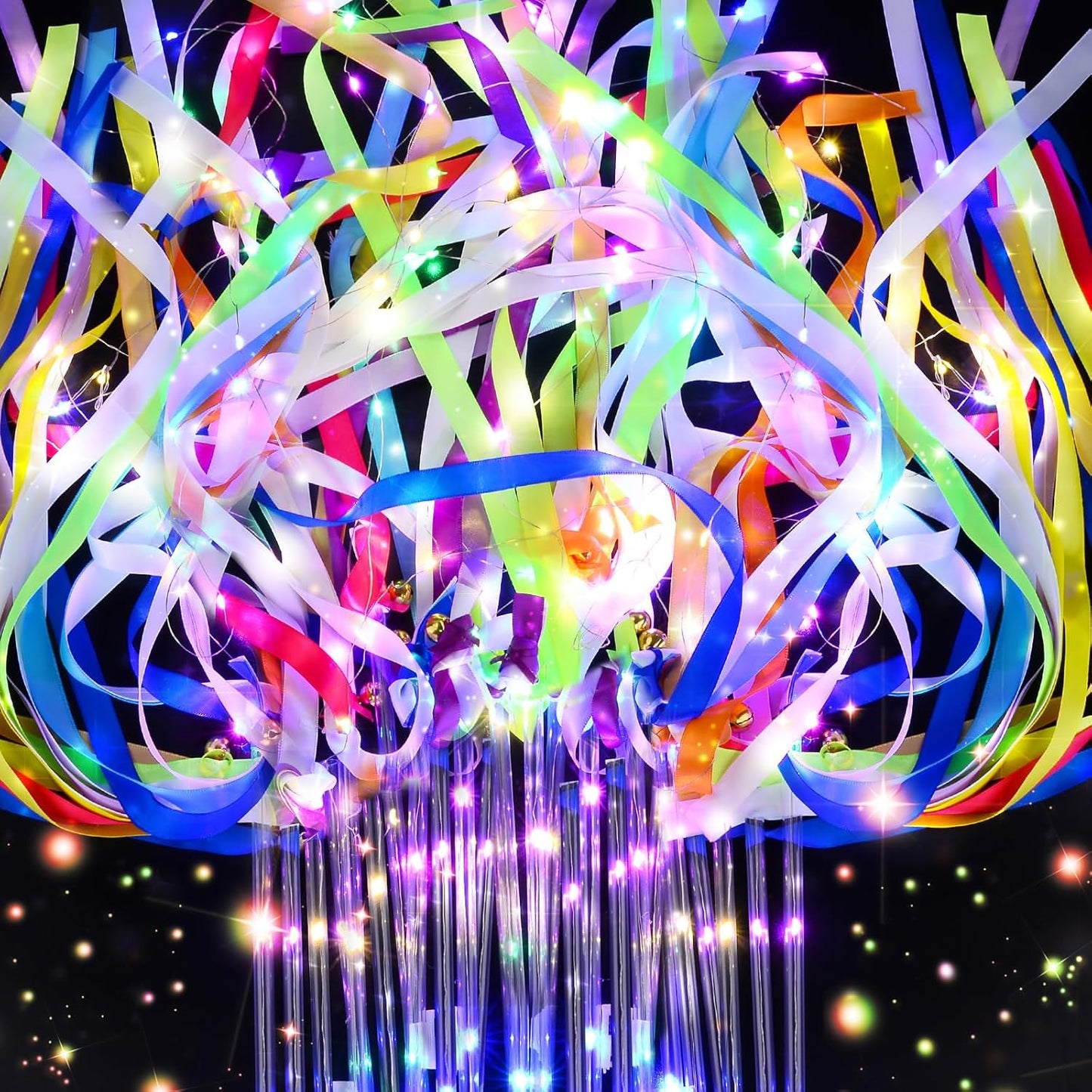 42 PCS Light Up Wands for Wedding, Wedding Favors with 3 Colorful Flashing Modes, LED Fairy Wands with Bells for Wedding Send Off, New Year, Raves, Concert, Birthday, Party Streamers