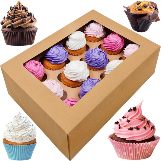 BAKELUV Brown 12 Cupcake Boxes, Cupcake Containers | 13x9.5x4, 12 Pack | 12 Cupcake Box Bulk, Cupcake Boxes 12 Count Carrier, Option to 14x10x4 Bakery Boxes with Window, ¼ Sheet Cake Box 13x9 Inches