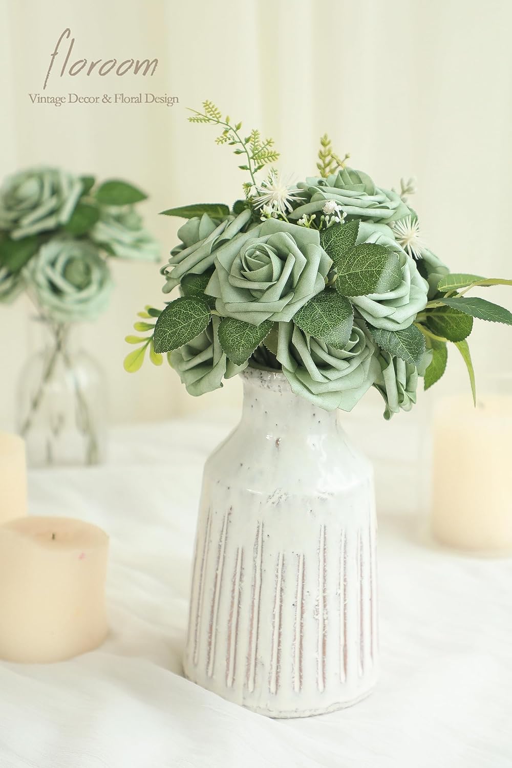 Floroom Artificial Flowers 50pcs Real Looking Elf Green Foam Fake Roses with Stems for DIY Wedding Bouquets Bridal Shower Centerpieces Sage Green Floral Arrangements Home Decorations