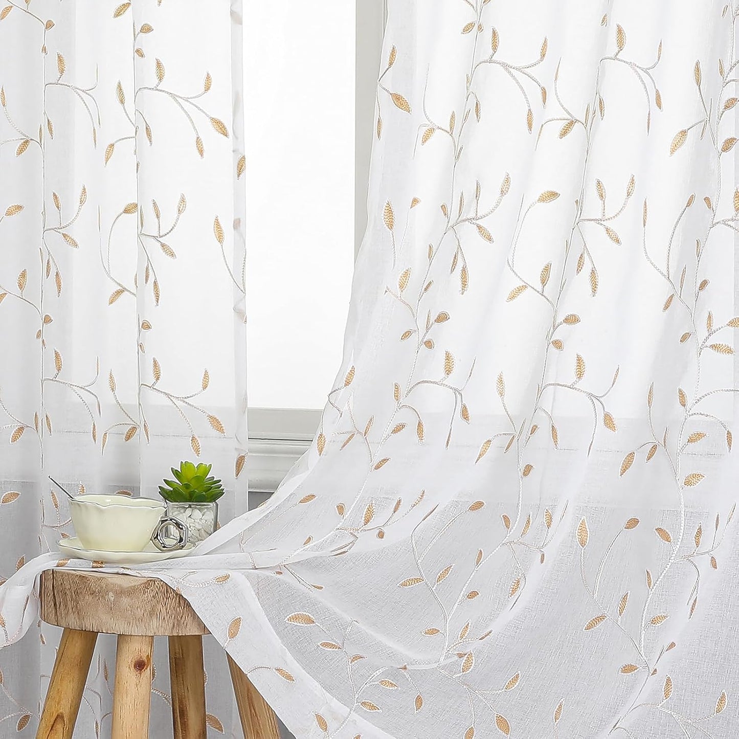 VISIONTEX White Sheer Voile Curtains, Decorative Orange Leaves Embroidery Faux Linen Rod Pocket Window Drapes for Home Kitchen, Living Room and Bedroom 54 x 95 Inch, Set of 2 Curtain Panels
