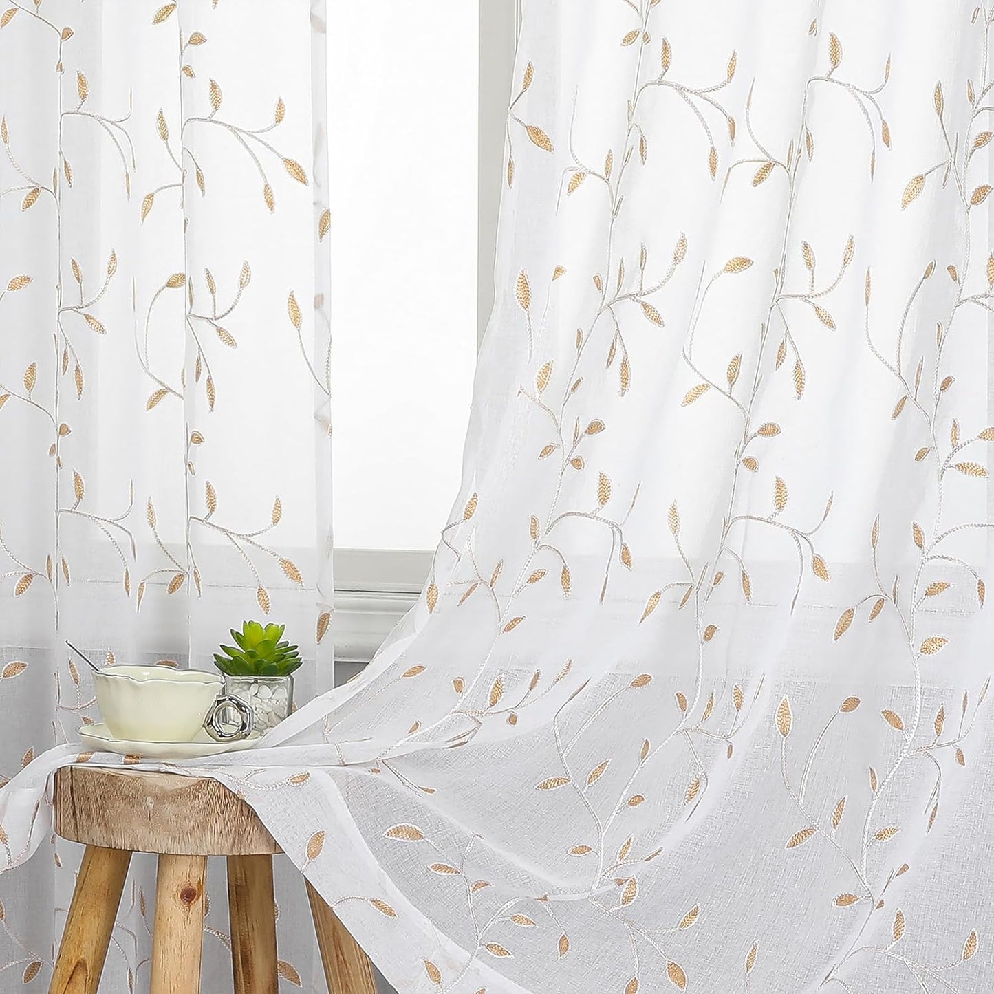 VISIONTEX White Sheer Voile Curtains, Decorative Orange Leaves Embroidery Faux Linen Rod Pocket Window Drapes for Home Kitchen, Living Room and Bedroom 54 x 63 Inch, Set of 2 Curtain Panels