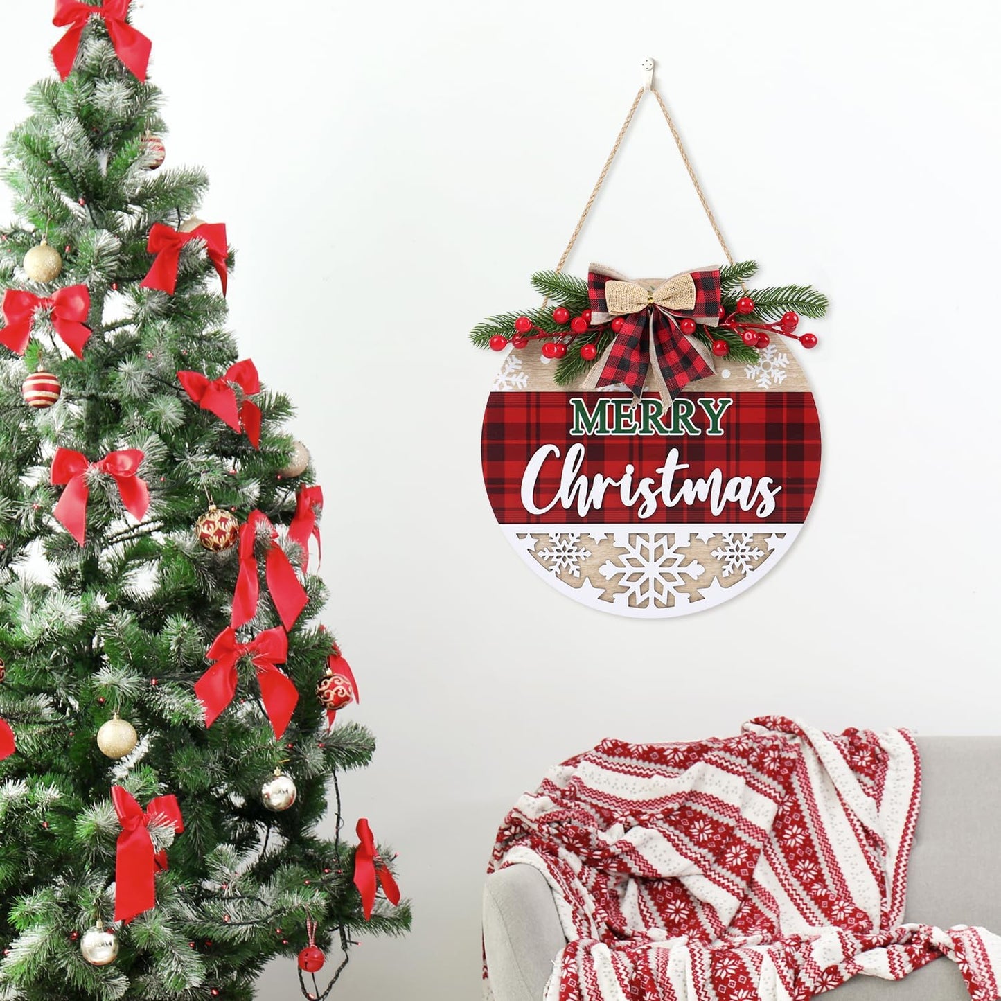 CHDITB 3D Merry Christmas Front Door Sign Wreath(11.4”), Red Black Bufflao Plaid Christmas Decoration Wall Hanging with Snowflakes Berries Mistletoe, Rustic Farmhouse Xmas Decor for Home Winter Party