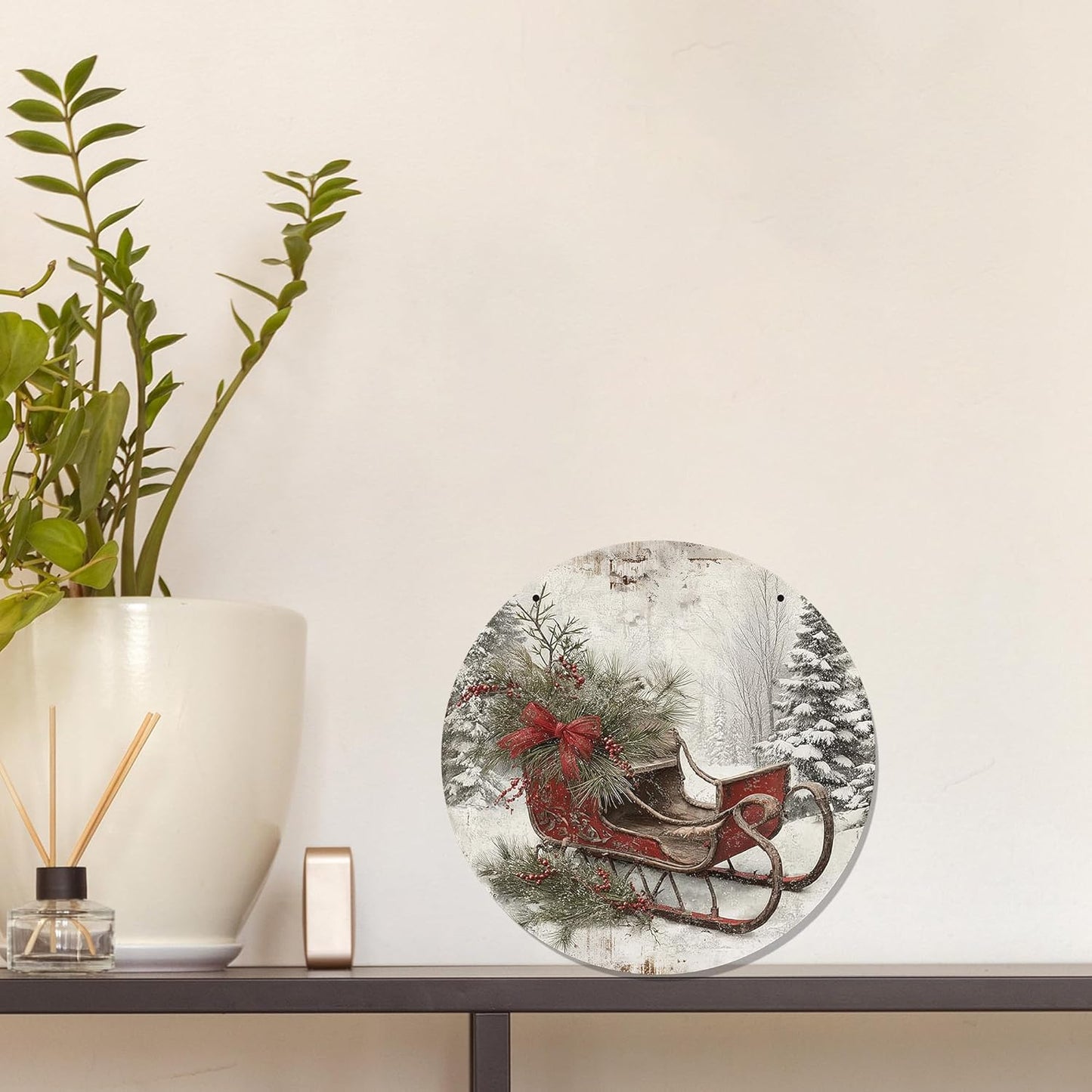 CGBHW Christmas Winter Sleigh Wooden Sign, Vintage Farmhouse Country Cozy Winter Xmas Hanging Sign Wall Decor for Home Bedroom Living Room, Holiday Snowy Door Decor 12 x 6 Inch