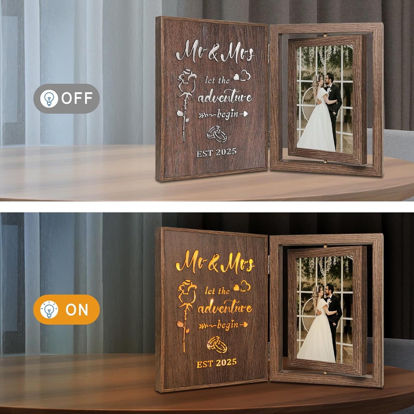 Light Up Wedding Photo Frame Gifts for Couples 2025 - Rotating Glowing Picture Frame Mr and Mrs Bridal Shower Gifts for the Bride Newly Wed Couple - Vintage Decor Holds 2 4x6 Photos