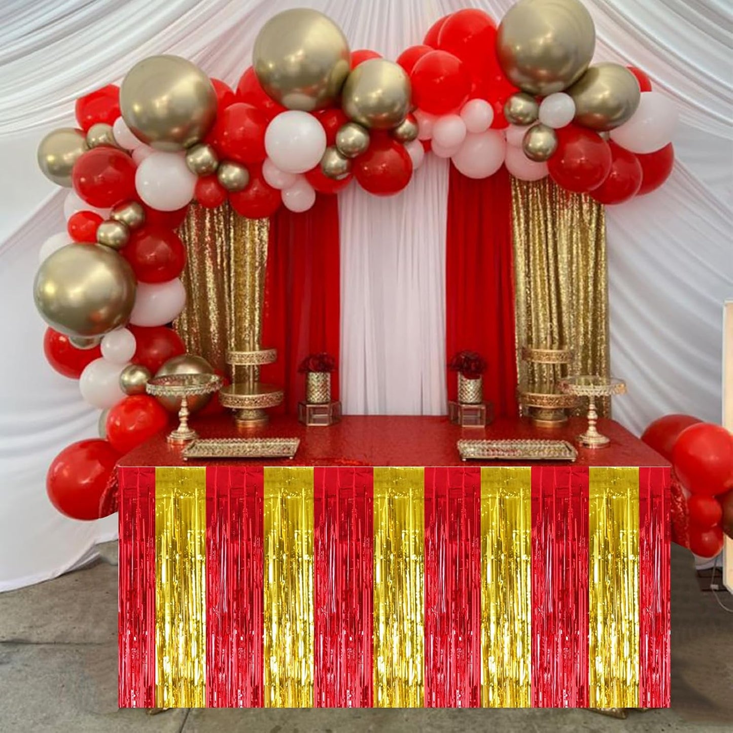 BEISHIDA 2 Pack Red Gold Table Skirts Party Decorations Metallic Tinsel Foil Fringe Decors for Rectangle and Round Table Birthday Chinese New Years Holiday Graduation Congrats 2026 Party