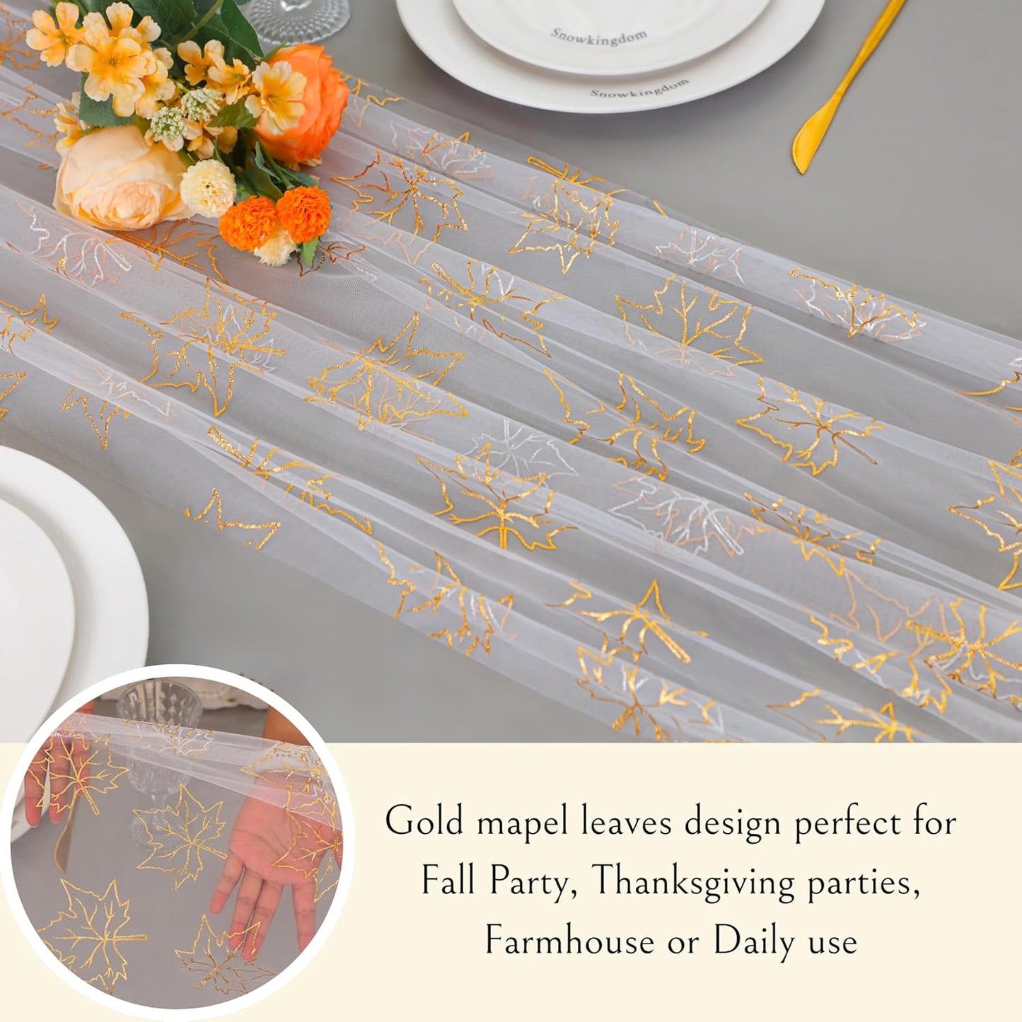 Snowkingdom Fall Table Runner, 10ft Gold Maple Leaves Gauze Chiffon Table Runners, Thanksgiving Decoration Sheer Cheesecloth Runner for Autumn Harvest Glitter White Sparkle Dining Party Decor 120 Inch