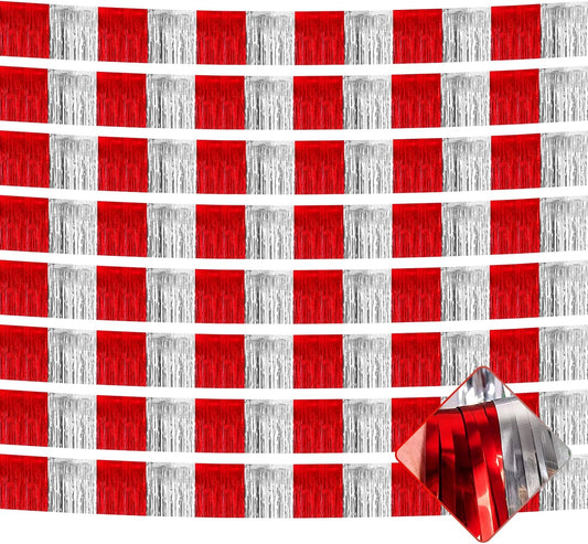 10 Pack 10 Feet Foil Fringe Garland Metallic Tinsel Streamers Banner Wall Hanging Backdrop for Parade Floats, Circus Welcome Carnival Birthday Party Decorations(Silver Red)