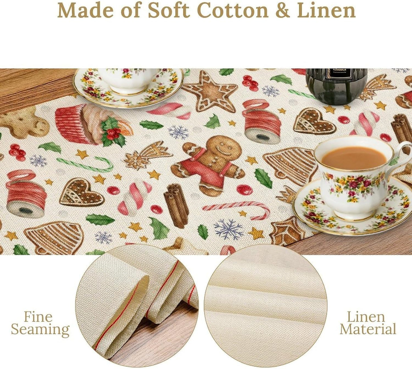 Christmas Table Runner, Christmas Gingerbread New Year Xmas Table Cloth Kitchen Dining Table Decoration for Home Party Decor 13x120 Inch