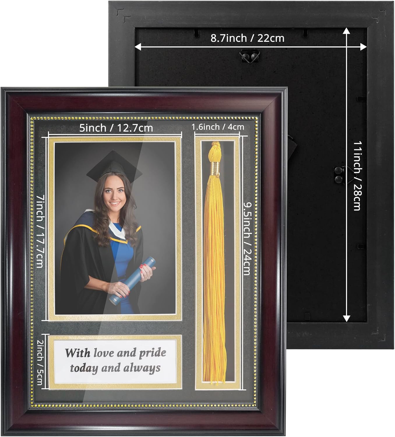 GraduationMall Graduation Photo Shadow Box Frame with Tassel Holder for 5x7 Pictures,Real Glass,Black over Gold Double Mat,Wall & Tabletop Design