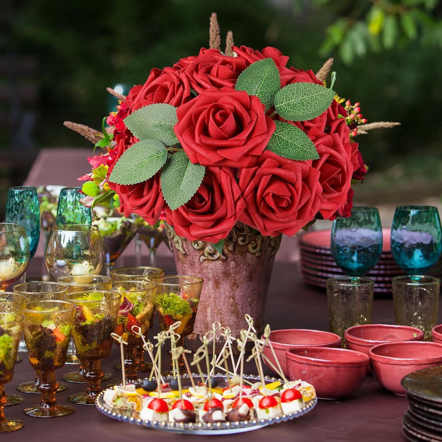 AmyHomie Artificial Flowers Red Rose 50pcs Real Looking Fake Roses w/Stem for DIY Wedding Bouquets Centerpieces Arrangements Party Baby Shower Home Decorations