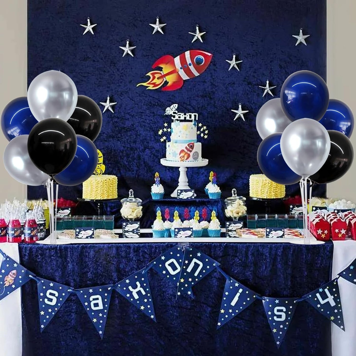 TONIFUL 4 Set Black and Blue Silver Balloon Centerpieces for Table,Balloon Stand Kit for Graduation Decorations 2025,Blue Party Decorations,Retirement,Birthday Decoration for men,Father's Day