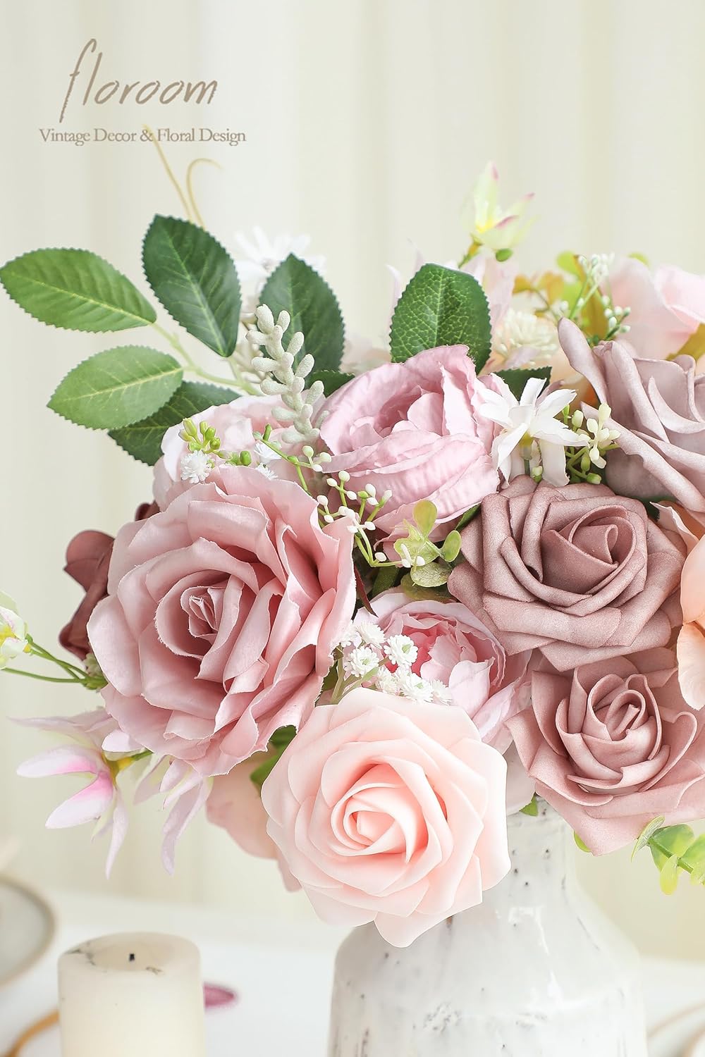Floroom Dusty Rose Artificial Flowers Fake Roses Peonies and Greenery Combo Box Set for DIY Wedding Bouquets Bridal Shower Centerpieces Floral Arrangements Party Tables Home Decorations