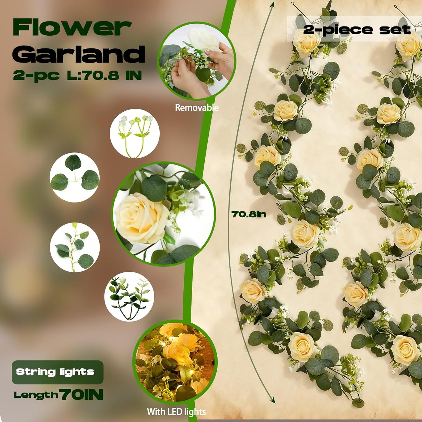 2 Pack 5.9 FT Artificial Flower Garland with Lights, Fake Floral Garland with 12 Roses, White Flower Decorations for Arch Table Centerpieces Backdrop Party Home Wedding Decorations