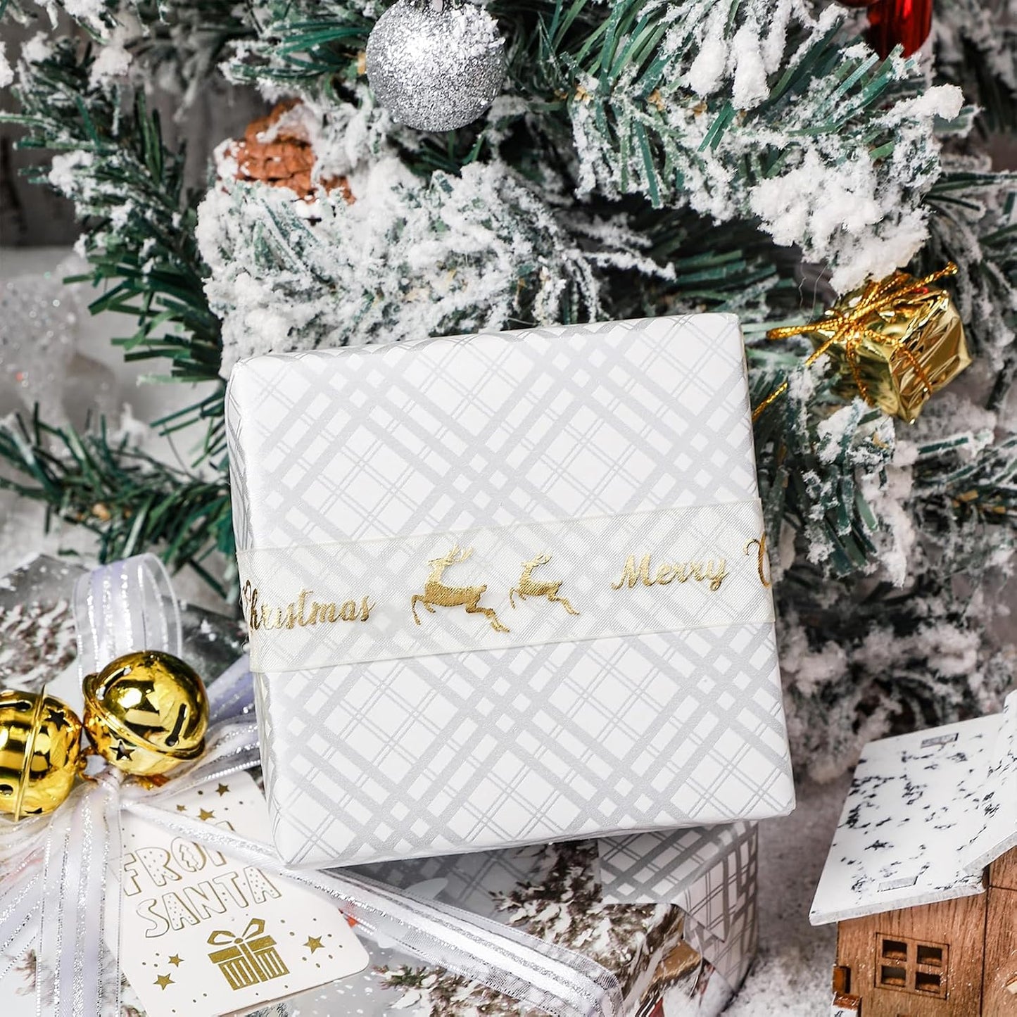 LeZakaa Christmas Silver Wrapping Paper Jumbo Roll for Boy Kid, Red Truck, Snowy Pine Forest & Grid Plaid, Silver Foil Reversible Design for Winter Holiday Family Gathering, 30 inches x 100 Feet