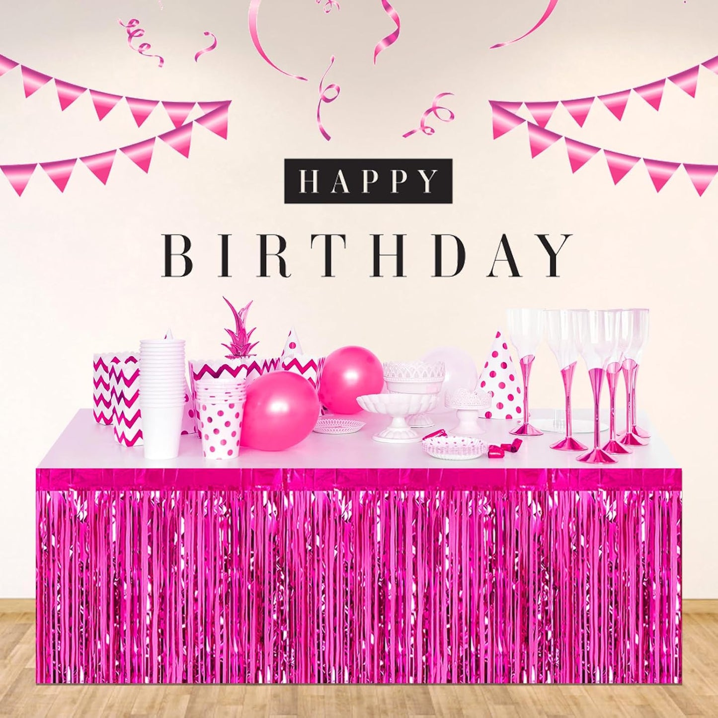 3 Pack 29 x108 Inch Rose Red Foil Fringe Table Skirts Metallic Banner for Tinsel Streamer Garland Backdrop for Parade Floats Wedding Thanksgiving Birthday Christmas Halloween New Year Party Decoration